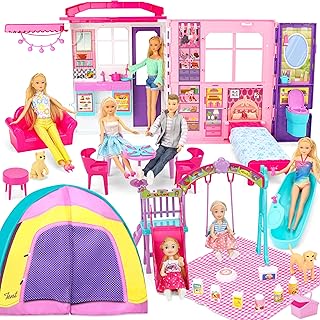 Doll House Portable & Foldable Dollhouse w/ 60+ Pcs & 2 Dolls, Play Hous...