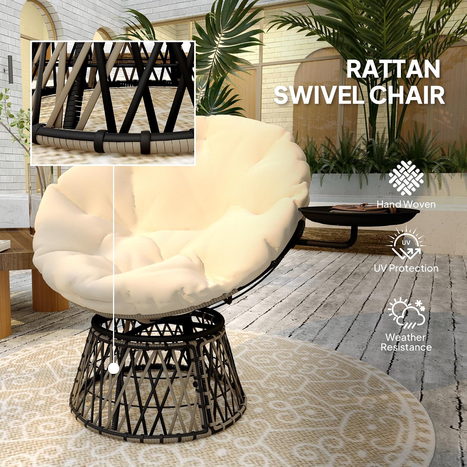 Outsunny 39" Outdoor Papasan Chair with Side Tray, 360° Swivel Overstuffed Circle Chair with Thickened Cushion, Wicker Lounger with Steel Frame for Indoor, Patio, Beige