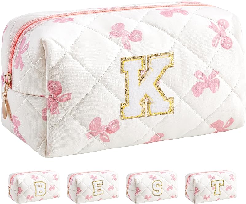Necessaire de maquiagem HBselect com laço rosa, design matelassado e fechamento por zíper