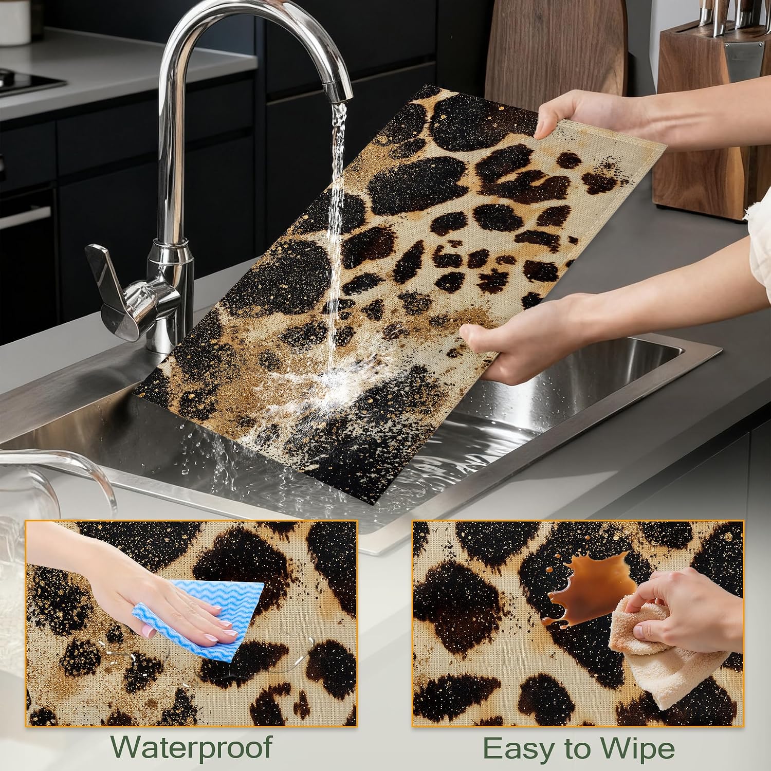 Vintage Leopard Print Fabric Placemats,Gold Glitter Table Placemats Set of 6 Cloth Place Mats, Washable Heat-Resistant Table Mats for Home Kitchen Dining Room Decoration 11.8x17.7 Inch image 4