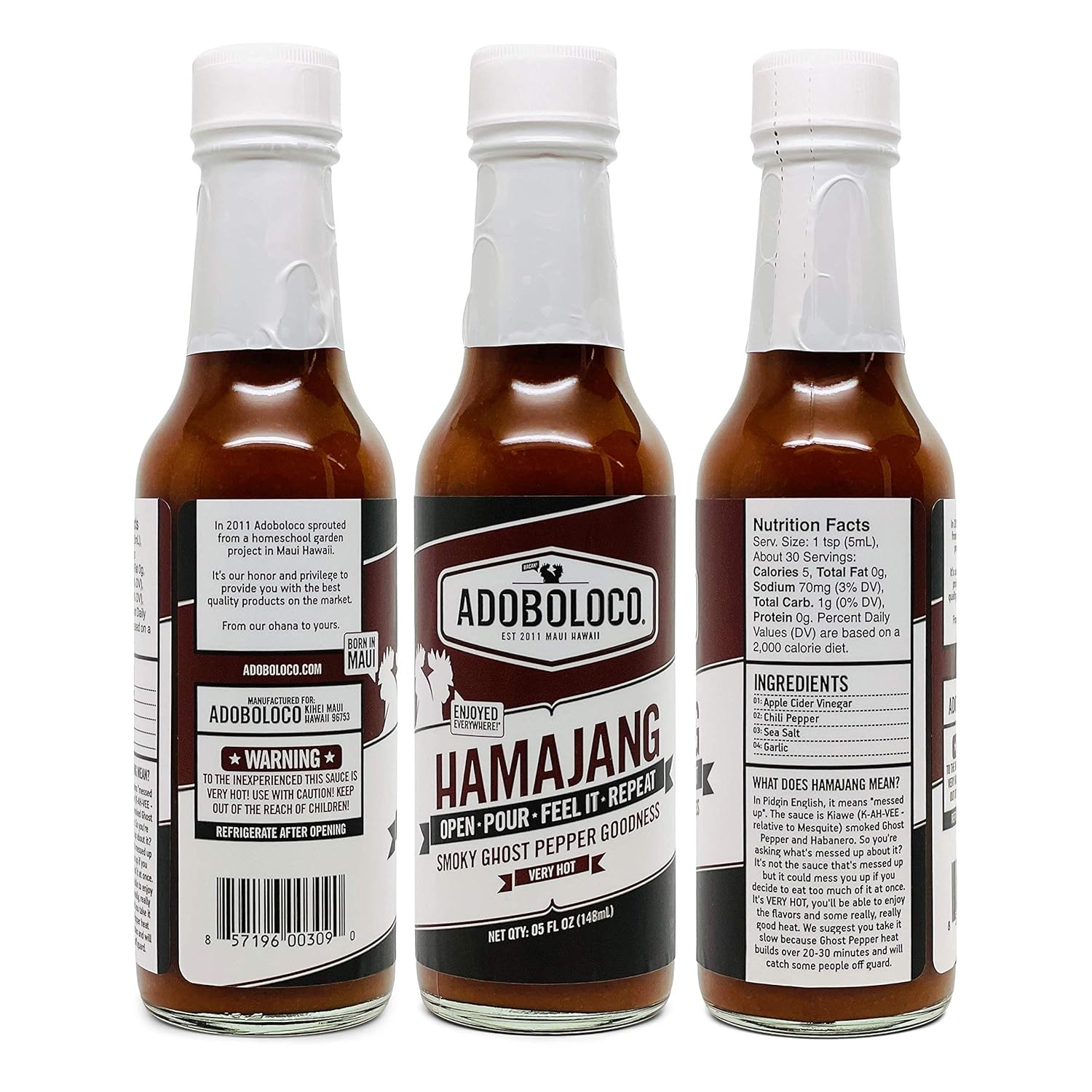 Hamajang Smoked Ghost Pepper Hot Sauce - First We Feast, Hot Ones, Season 5, Adoboloco Hot Sauce - Very Hot - 3, 5.6oz Bottles