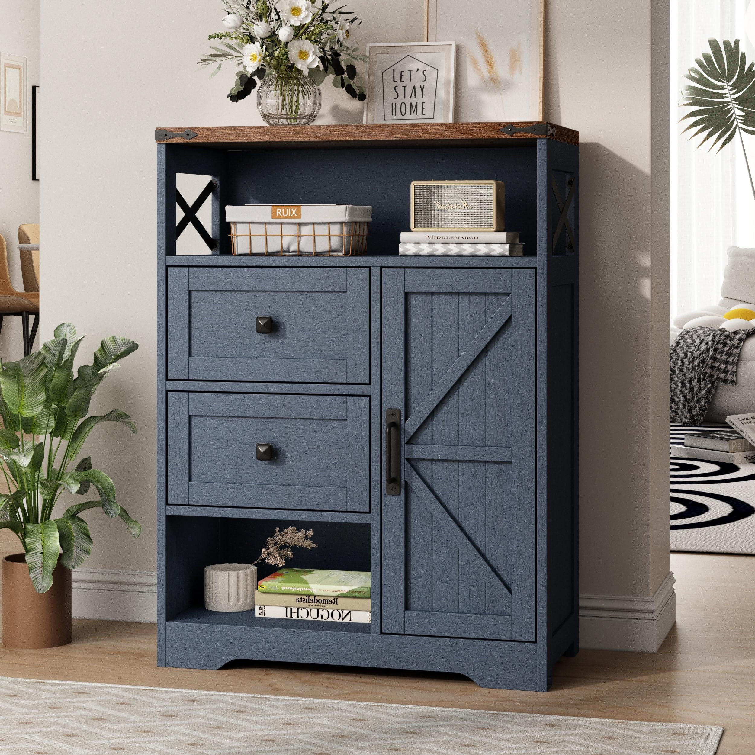 Fameill Farmhouse Storage Cabinet with 2 Drawers & Shelves,Freestanding Kitchen Cabinet with Doors,Floor Storage Organization for Living Room,Bathroom,Laundry,Black