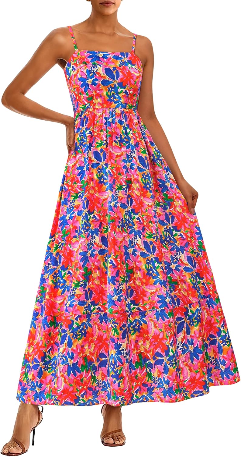 PRETTYGARDEN Women Summer Maxi Dresses 2026 Spaghetti Strap Boho Floral Striped Wedding Guest Beach Vacation Flowy Long Dress