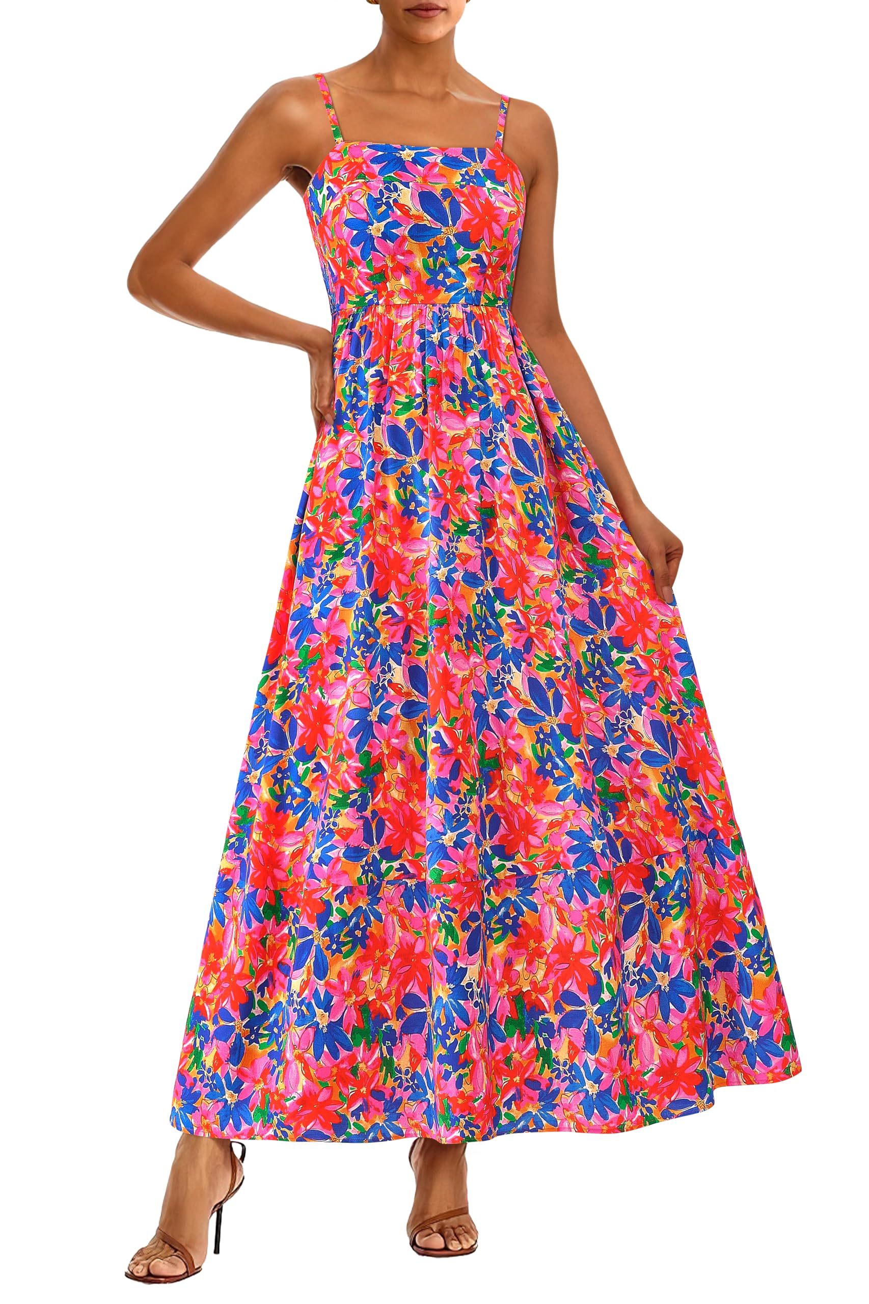 PRETTYGARDEN Women Summer Maxi Dresses 2026 Spaghetti Strap Boho Floral Striped Wedding Guest Beach Vacation Flowy Long Dress