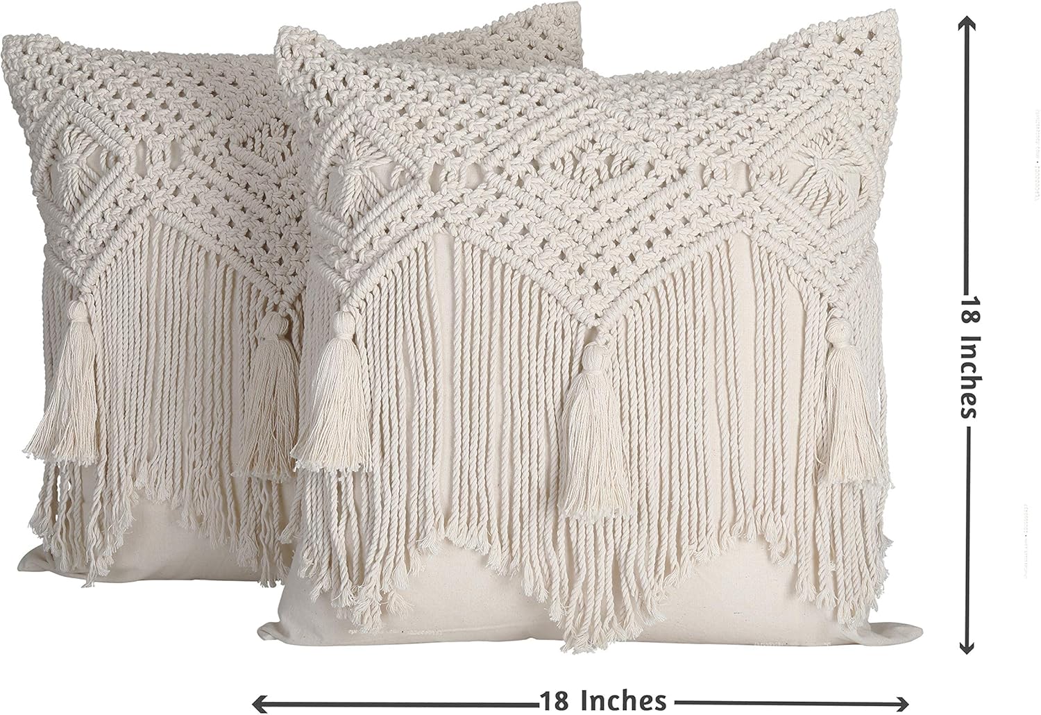Folkulture Boho Throw Pillow Covers 18X18, Macrame Decorative Pillow Covers, Modern Farmhouse Bohemian Pillowcases for Bed, Couch or Sofa, Set of 2 Farmhouse Pillow Covers with Tassels, Natural White - Image 3
