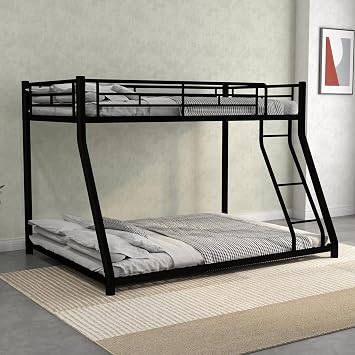 Bunk Bed Metal Twin Over Full Bunk Bed, Bunk Beds for Kids/Adults/Teens Heavy Duty Bunk Beds with Safety Guardrail and Ladder, Noise Reduction, No Box Spring Needed Black