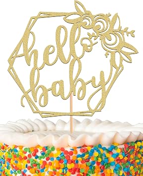 MYAMPED Hello Baby Cake Topper - Gold, 1 Count, 8.6 x 5.9 inches, Non-Edible, Baby Shower