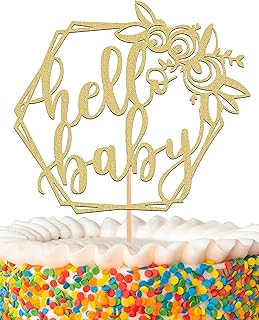 MYAMPED Hello Baby Cake Topper - Gold, 1 Count, 8.6 x 5.9 inches, Non-Edible, Baby Shower