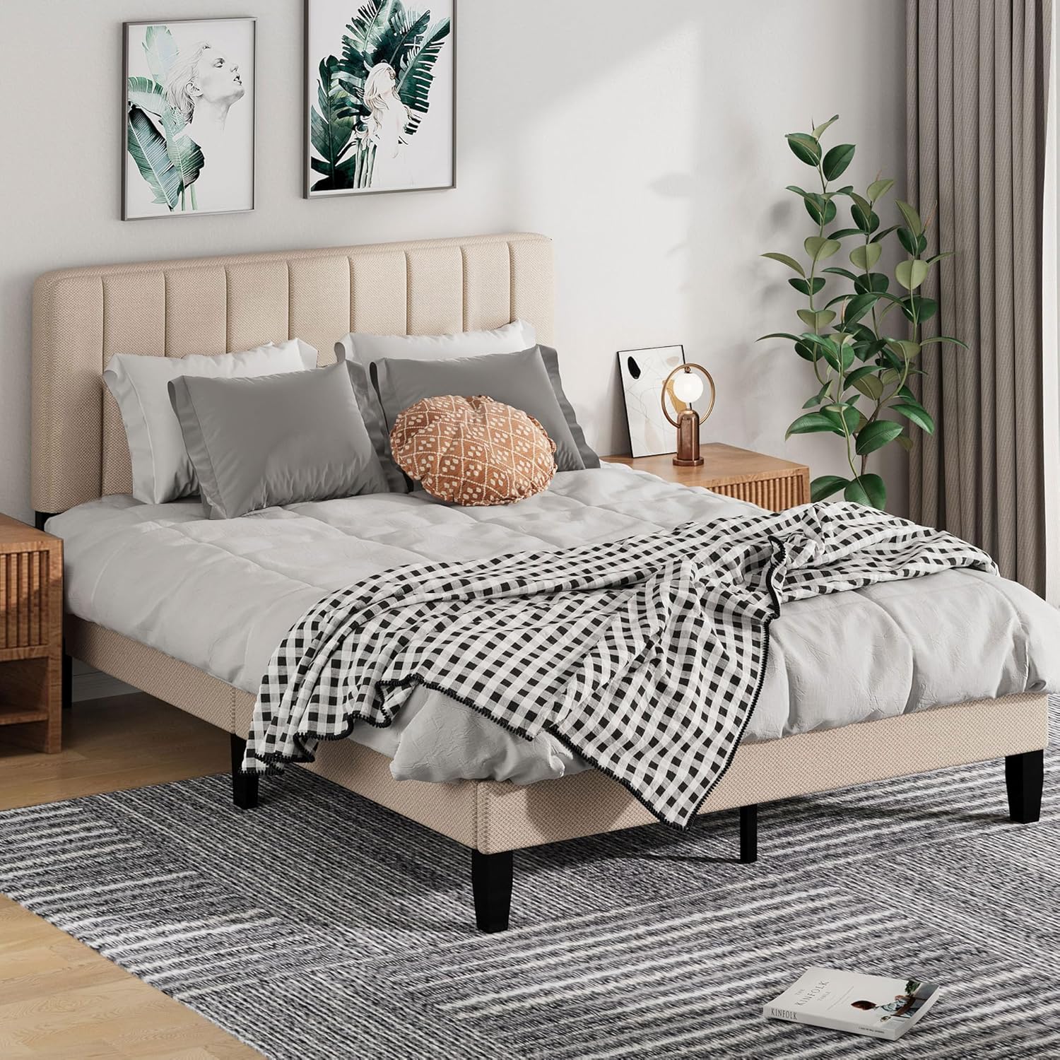 Queen Size Bed Frame with Headboard, Platform Bed with Soft Linen Upholstered Headboard | Wooden Slats Support | Adjustable Height | No Box Spring Needed, Queen Bed Frame Beige