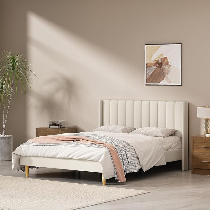 QNZK Bed Frame Upholstered Platform with Headboard and Strong Wooden Slats, No Box