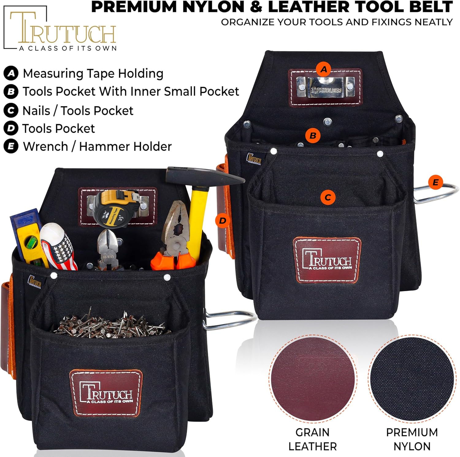 Nylon and Leather Tool Belt with Suspender | Framing Tool Bags | Leather Work Suspender | Carpenter | Construction | Framers | Electrician