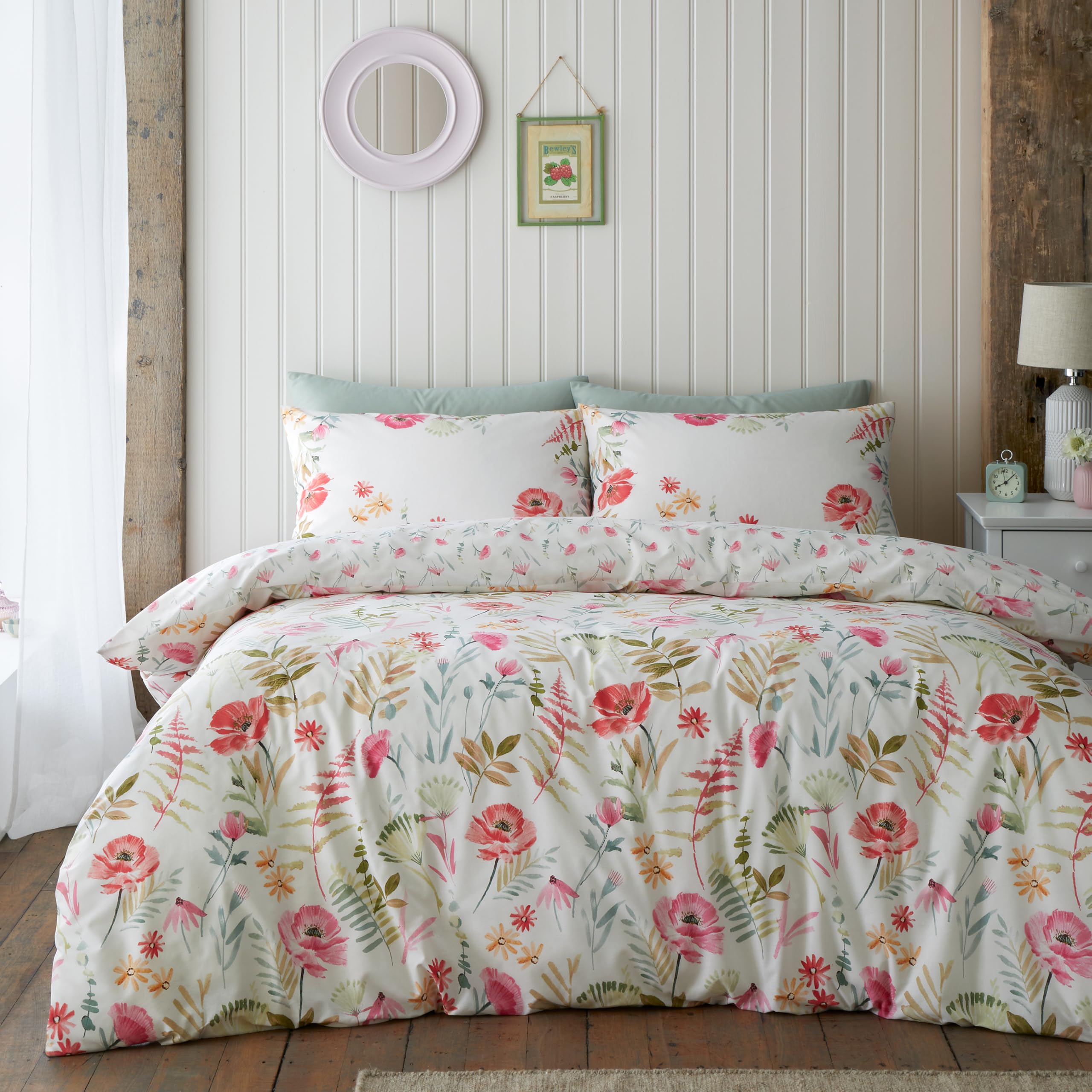 Catherine Lansfield Ella Poppy Reversible King Duvet Cover Set with Pillowcases, Cream