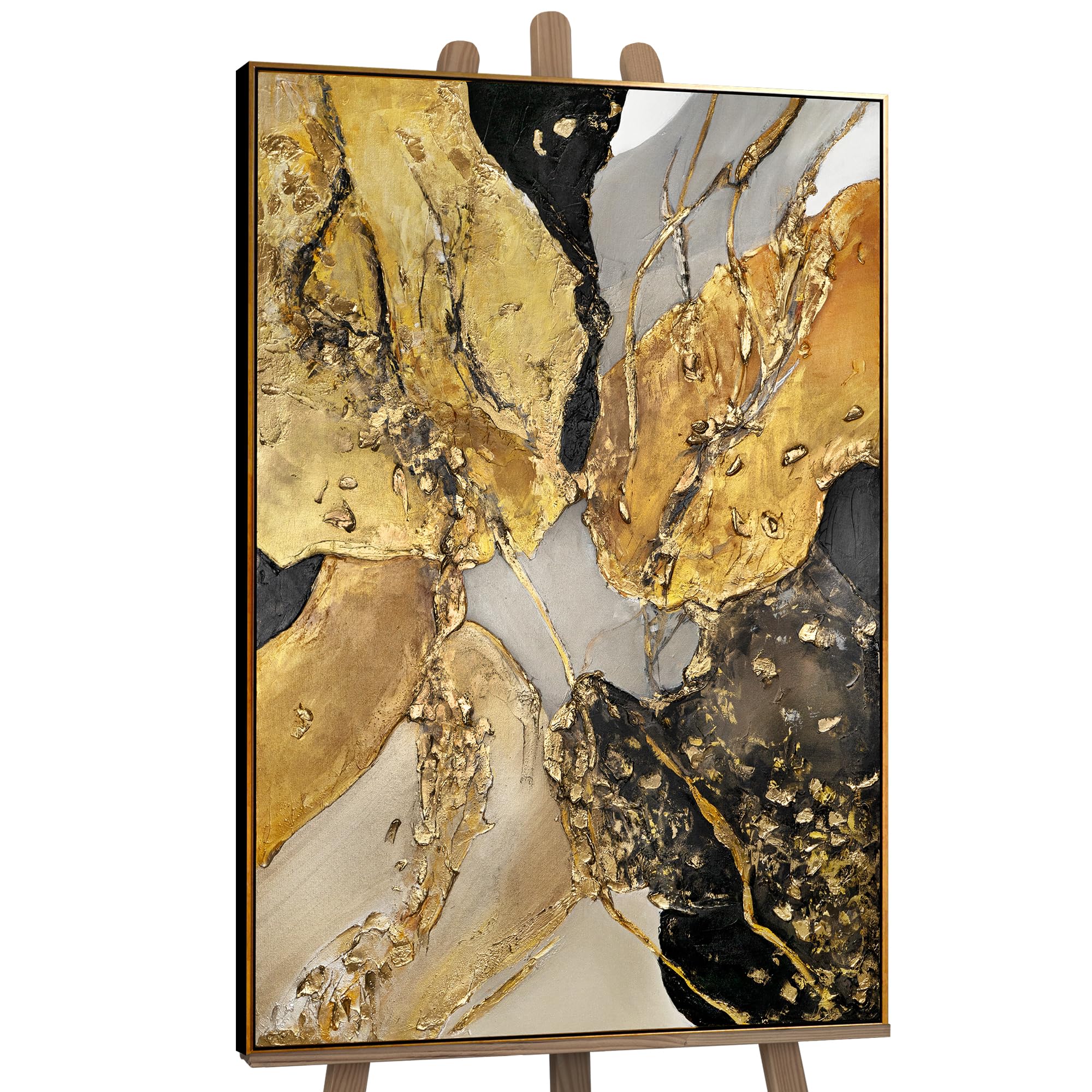 YS-Art Quadro Astratto Oro Nero Dipinto a Mano in Acrilico, Arte Moderna Materica 140x100 cm