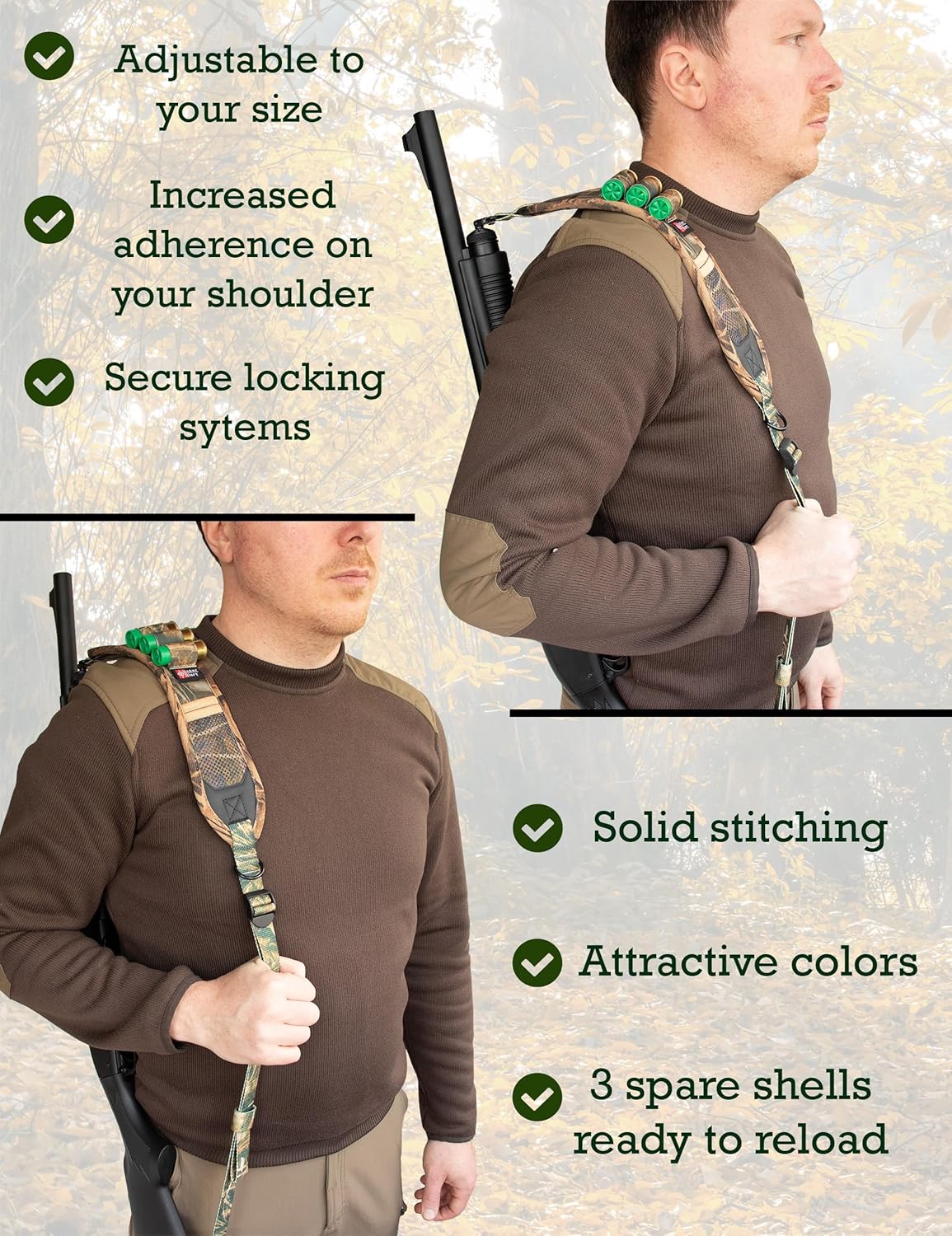 Gun Sling for 12 Gauge with 3 Shell Holders, Adjustable 12ga Shotgun Sling with Swivels, 2 Point Strap for Turkey & Waterfowl Hunting, Compatible with Mossberg 500 & 590 and Remington 870 Accessories