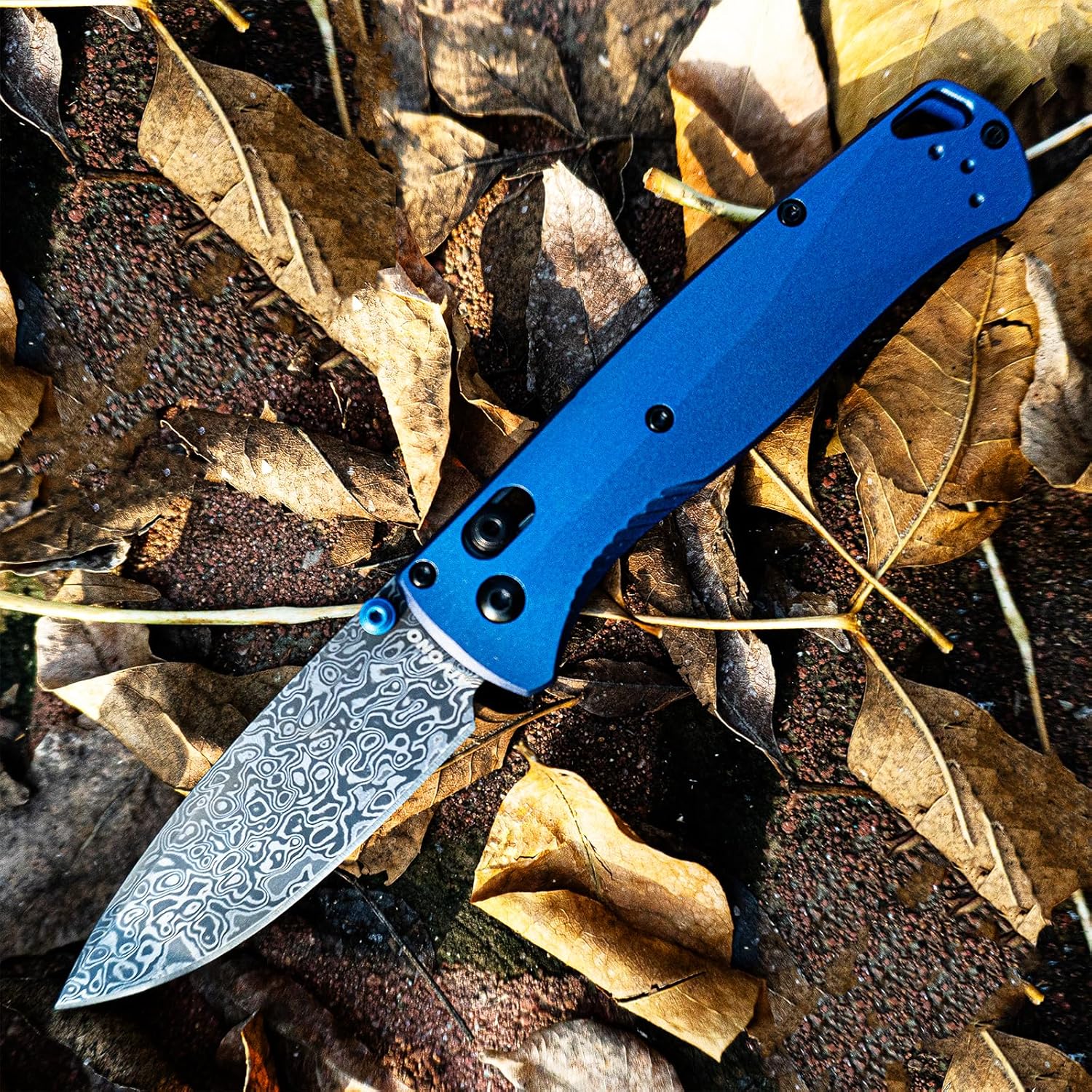 Damascus Pocket Knife, 3" Blue Pocket Knife With Aluminum Handle And Reversible Pocket Clip For Camping And Hiking
