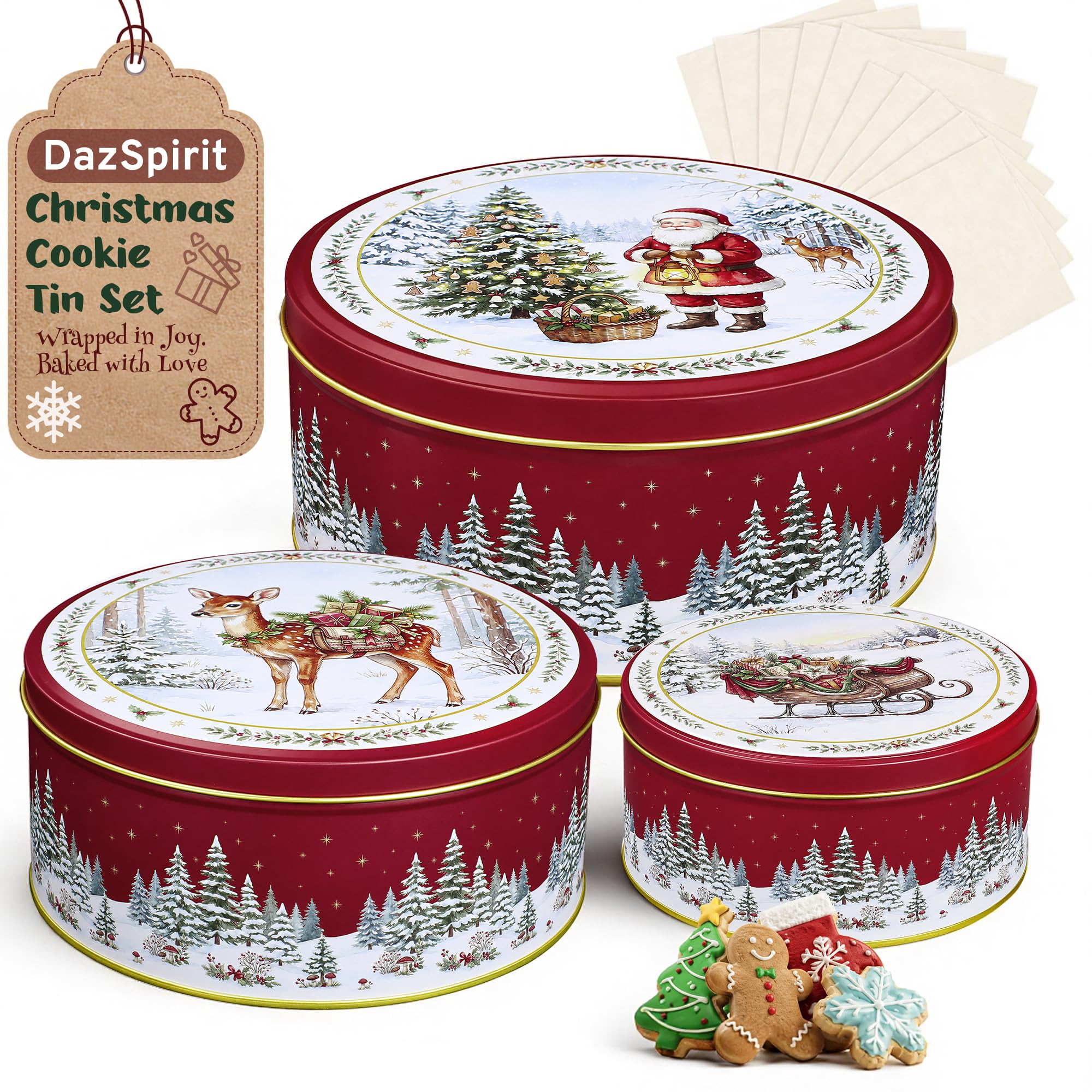 DazSpirit Christmas Biscuit Tins, Set of 3 Metal Cookie Tins with Lids