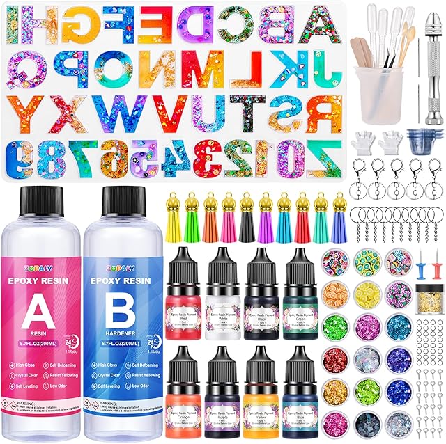 ZOPALY Epoxy Resin Kits for Beginners, 192 Pcs Letter Number Resin Moulds Silicone Keyring Making Kit, with 400ml Clear Resin, Resin Accessories/Pigment/Glitter Sequin/Gold Leaf/Keychain Tassels