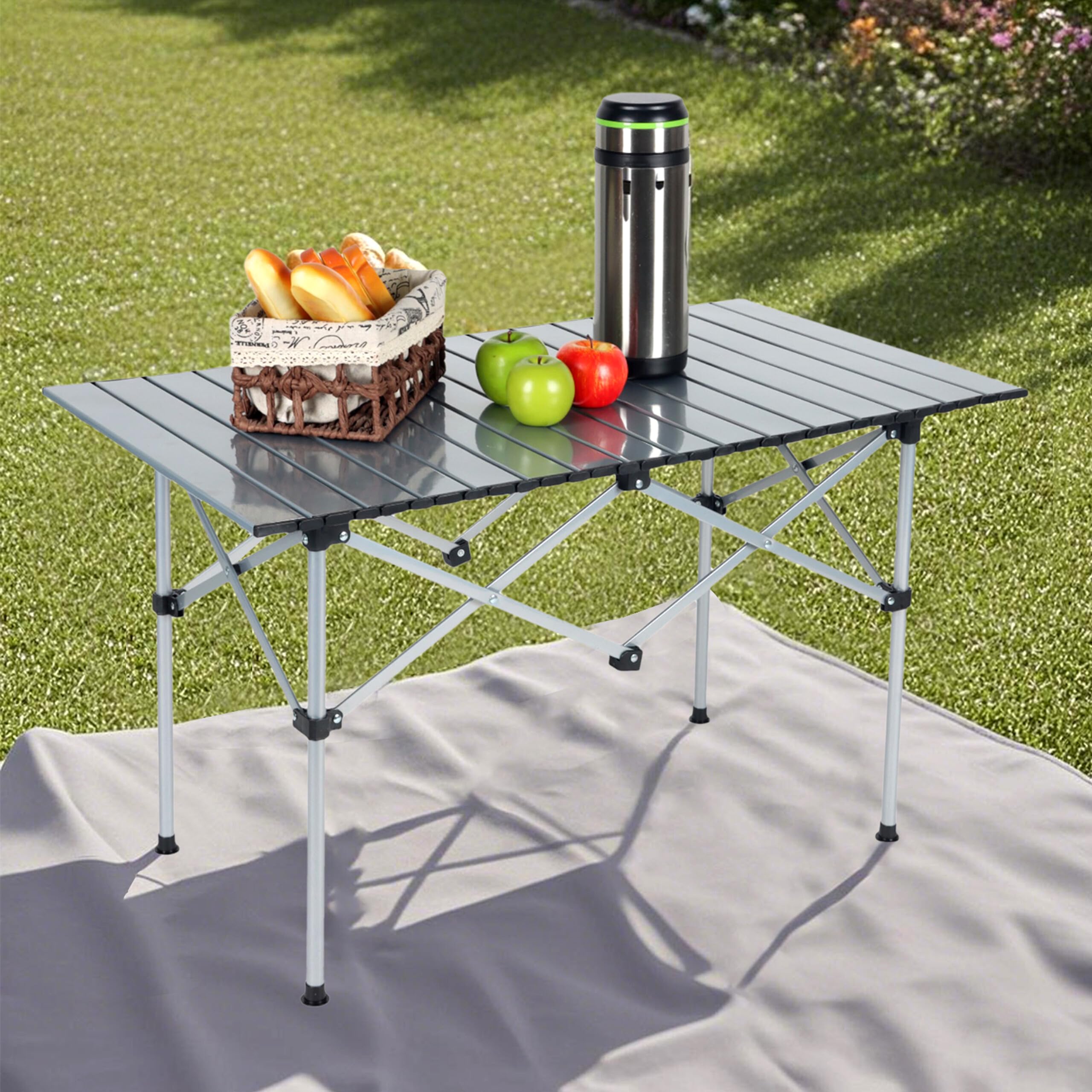 Relaxdays Tavolino da Campeggio Pieghevole, HLP 55x95x53 cm, Tavolo da Giardino Esterno per Picnic, in Acciaio, Argento