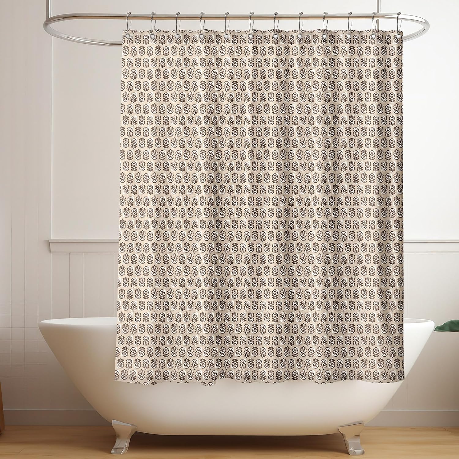 Mindsoft Brown Floral Shower Curtain Block Print Cotton Linen Shower Curtains Vintage with 12 Metal Hooks 72" W x 72" L Neutral Boho Farmhouse Curtain Washable for Bathroom Bathtub Decor