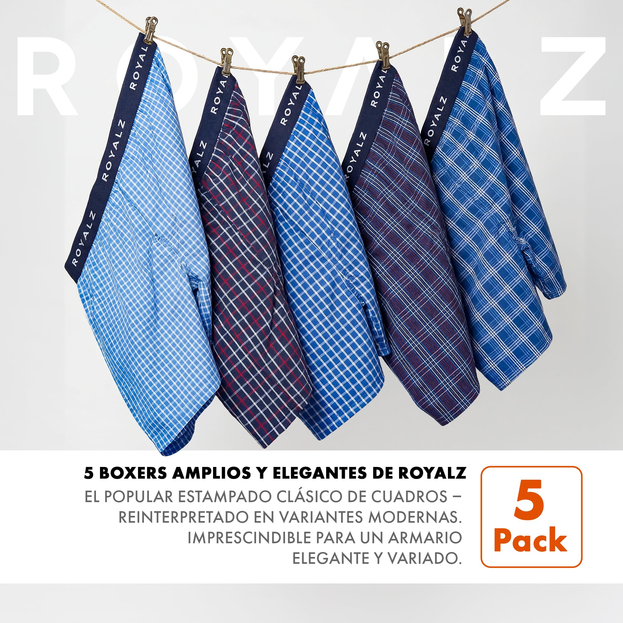 ROYALZ Calzoncillo Bóxer Americano Hombre Set de 5 Azul 100 Algodón Estilo American Style Ropa Interior Ancha Paquete 5