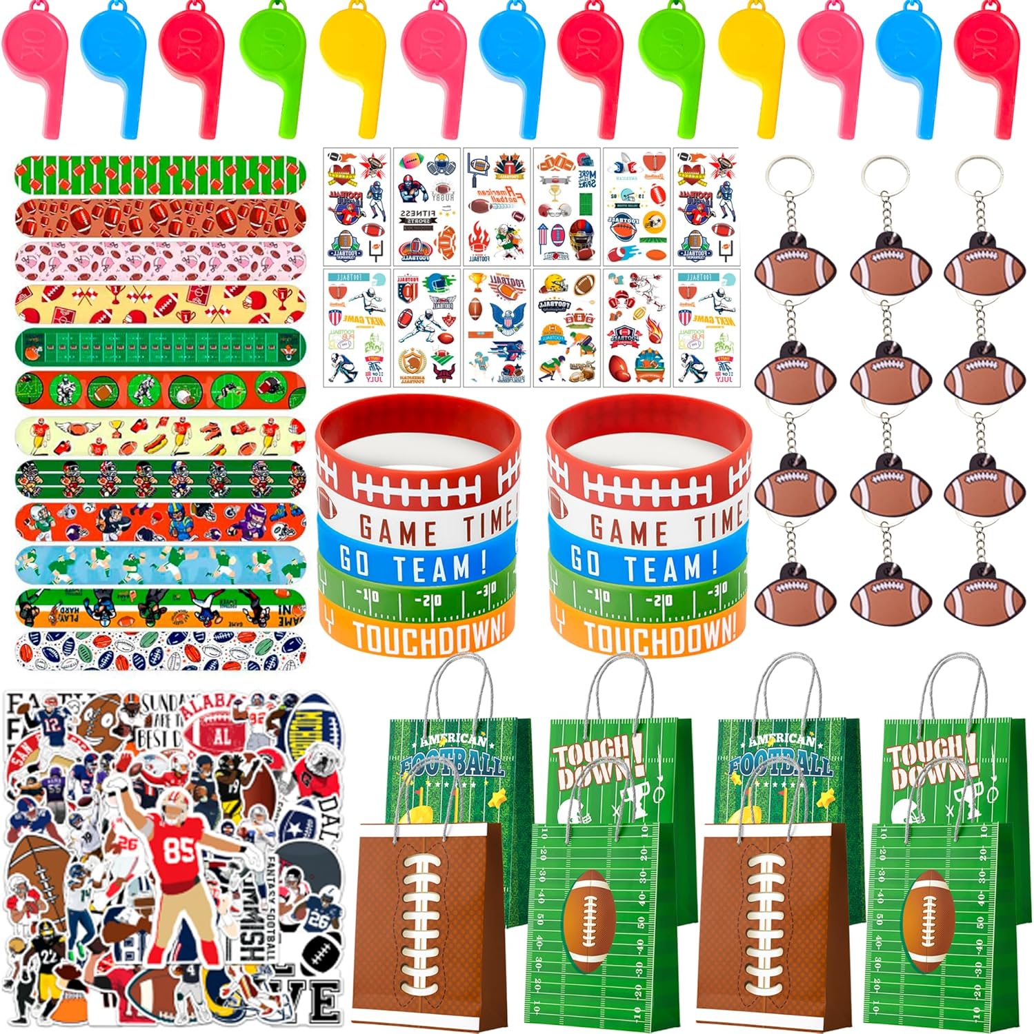 Super Football Party Favors, 122pcs All-In-One Rugby Party Favors Set Football Birthday Gift Bags Rugby Keychains Bracelets Stickers Whistle etc