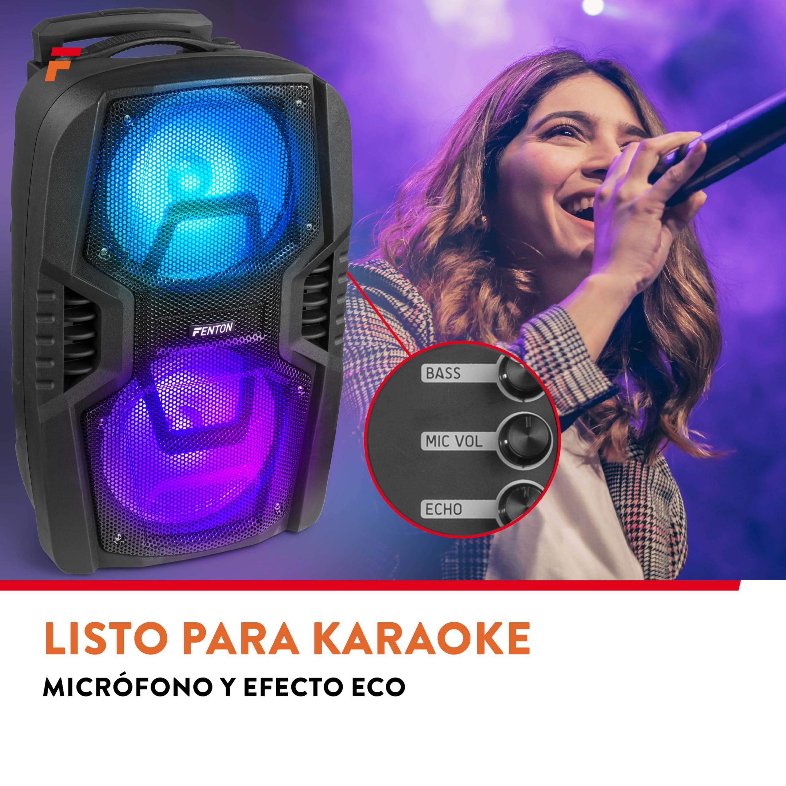 Fenton FT208LED – Altavoz Bluetooth Grande Potente 500W con microfono, Doble woofer 8", Altavoz portátil Bluetooth Potente con USB, Karaoke y batería Recargable Color Negro