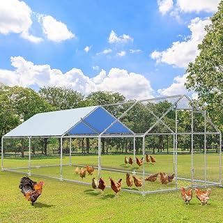 DWVO Large Metal Chicken Coop with Top Cover, 26.2'Lx9.8'Wx6.4'H Large Poultry Cage with Run, Chicken Run House Duck Cage Rabbits Coop for Outdoor Yard Farm
