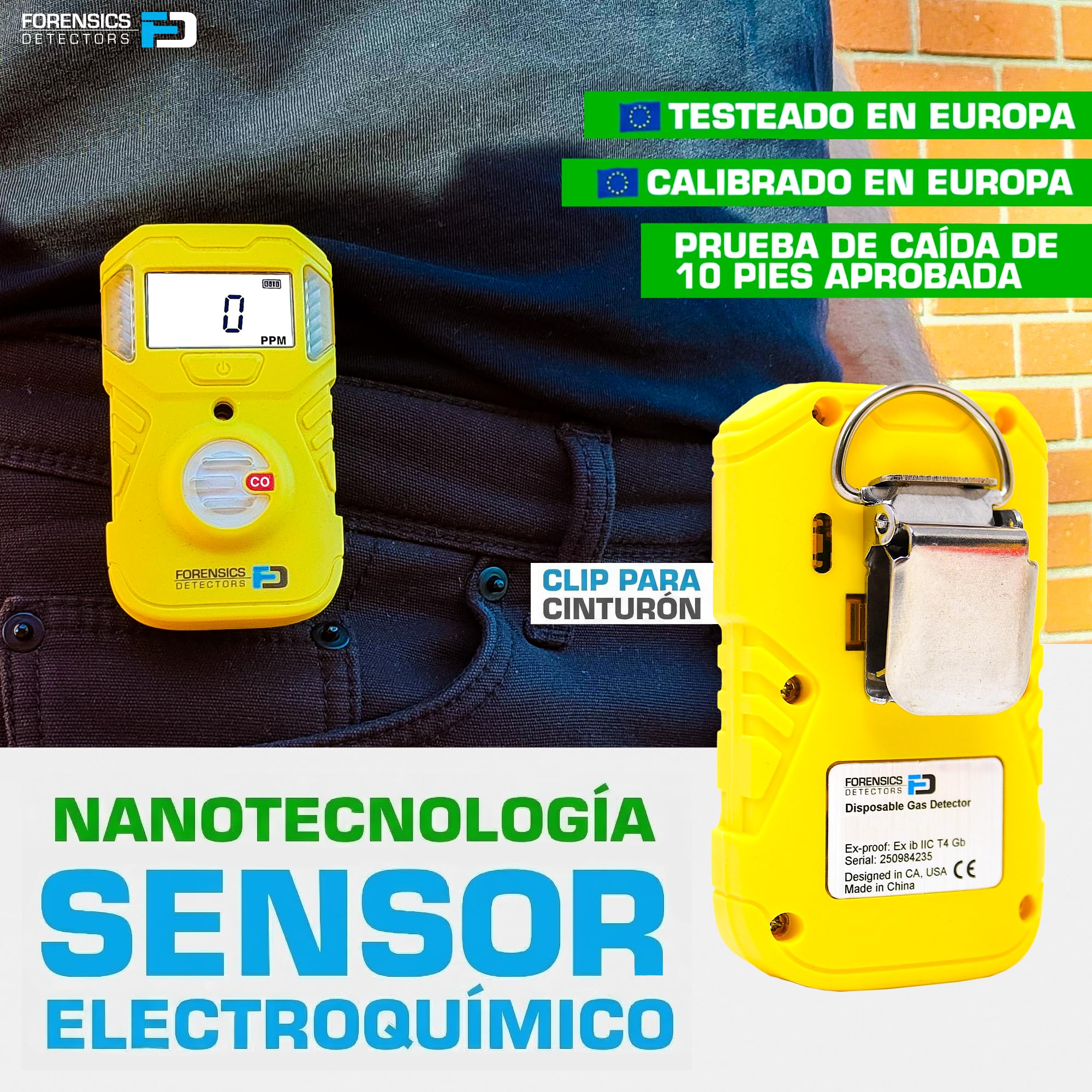 Detector Portátil de Monóxido de Carbono (CO) | Certificado de Calibración EU | Batería de 2 Años | Prueba de Caída Superada Desde 10 Pies | IP67 Impermeable
