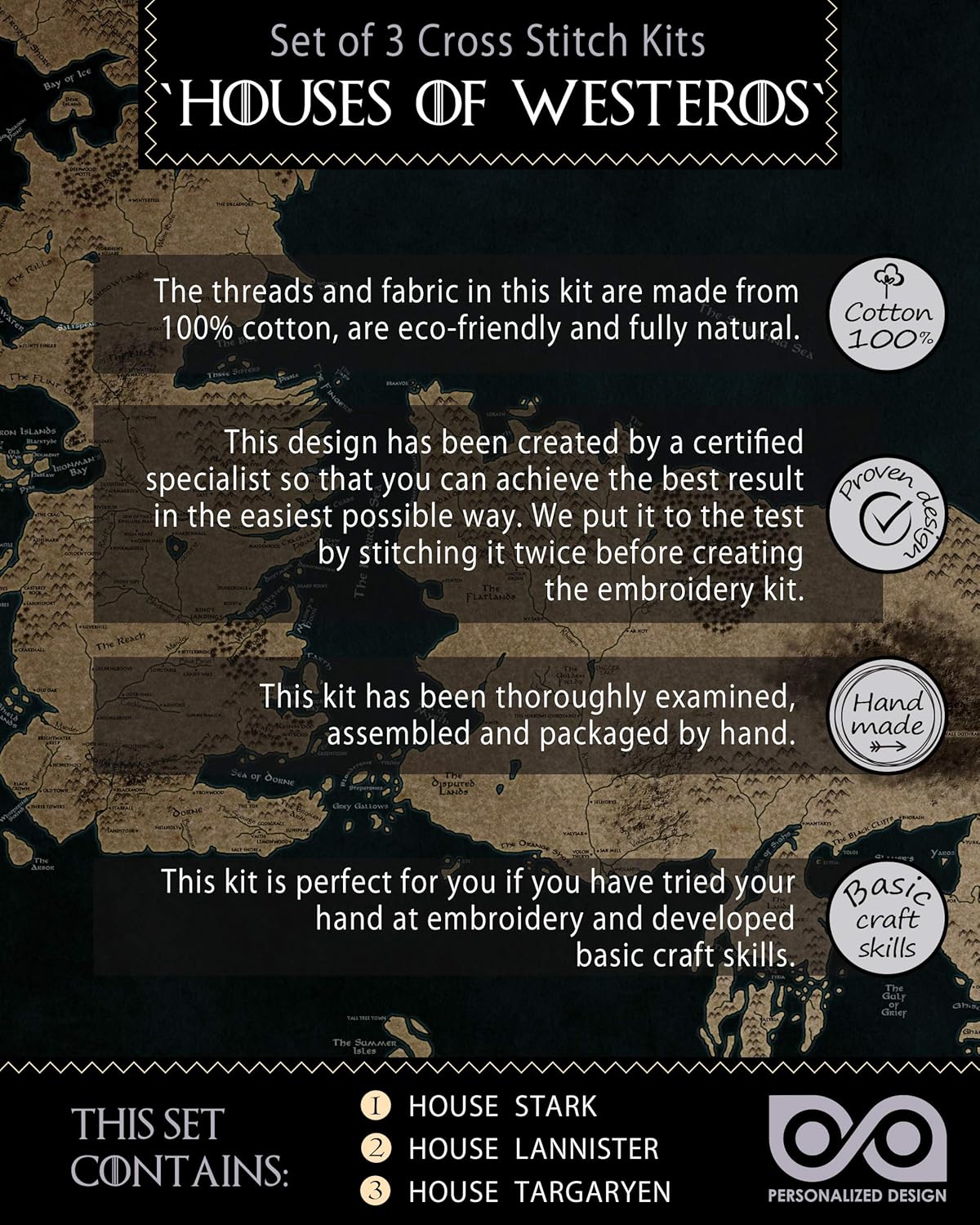 Cross Stitch Kits - Set of 3 DIY Hand Embroidery Bookmarks: House Stark, Targaryen, Lannister - GoT Design Patterns