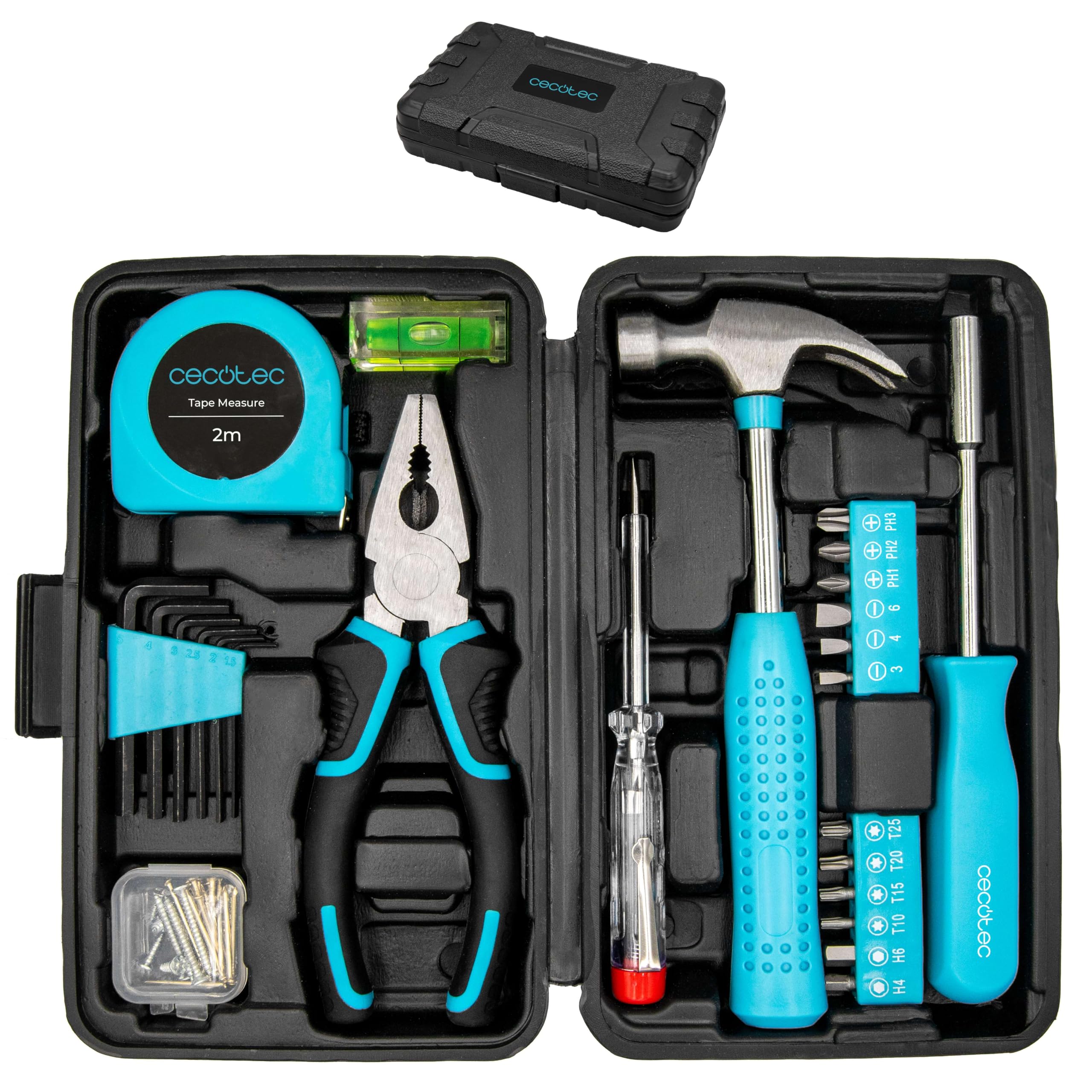 Cecotec Caja Herramientas 68 Piezas ToolBox EasyGo. Estuche Ultracompacto y Portátil, Incluye Martillo, Metro, Destornilladores y Más, Organización Interna Optimizada, Ideal para Hogar y Coche