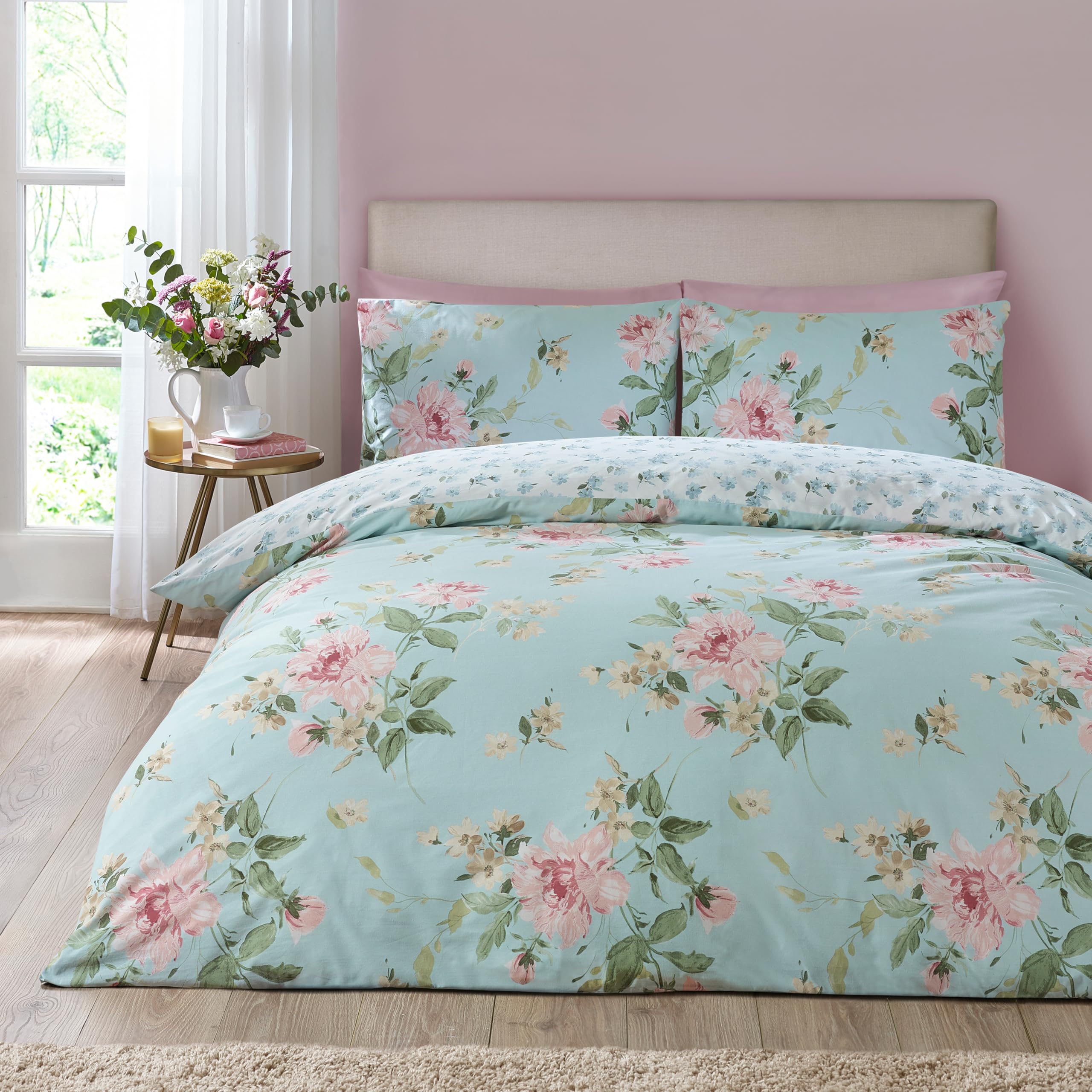 Catherine Lansfield Duck Egg Blue Avebury Floral Reversible Super King Duvet Cover Set With Pillowcases