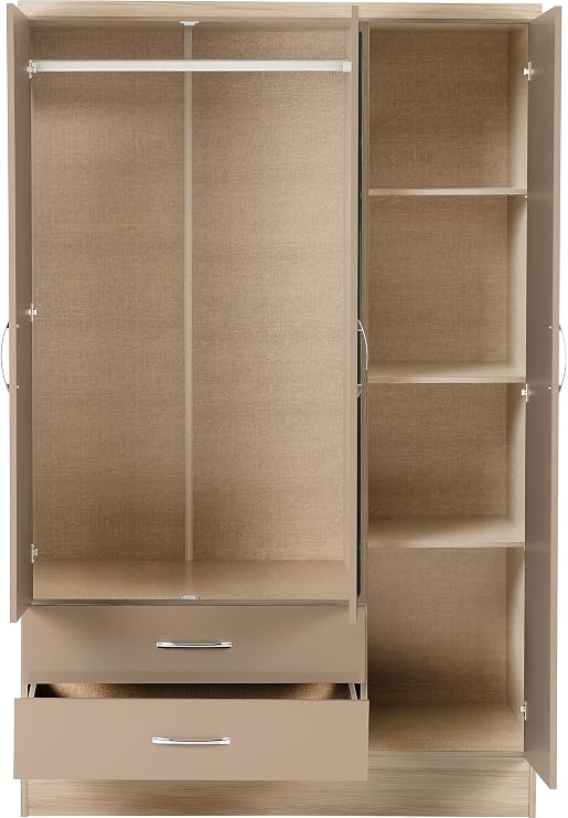 Seconique Nevada 3 Door 2 Drawer Wardrobe,Oyster Gloss/Light Oak