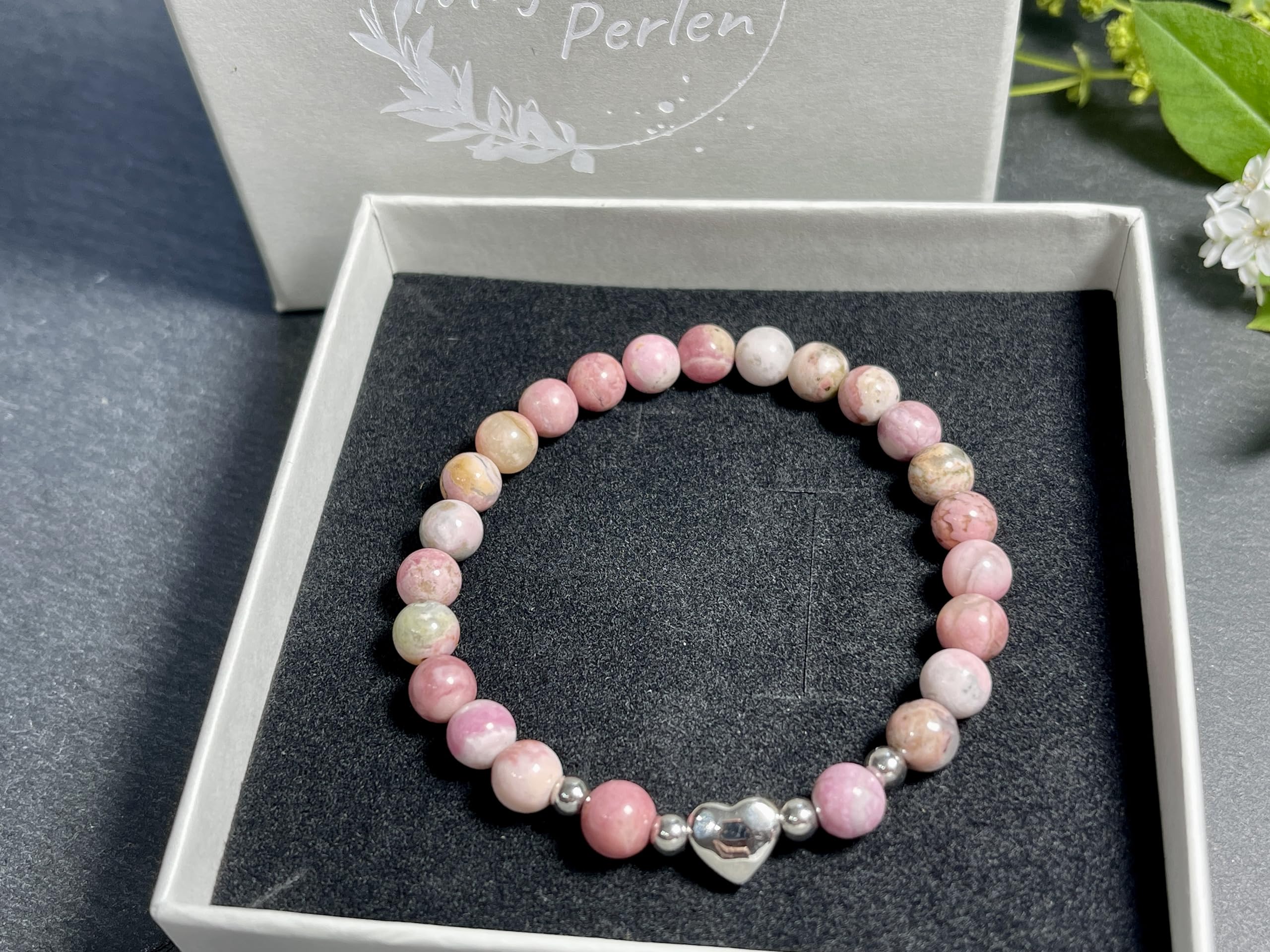 Rhodonit Armband Perlen echt 6mm Herz Edelstahl Silber Gold Roségold oder Ionisiert - Handmade Perlenarmband Verzeihen Begeisterung Optimismus - Spiritueller Schmuck Damen Mädchen