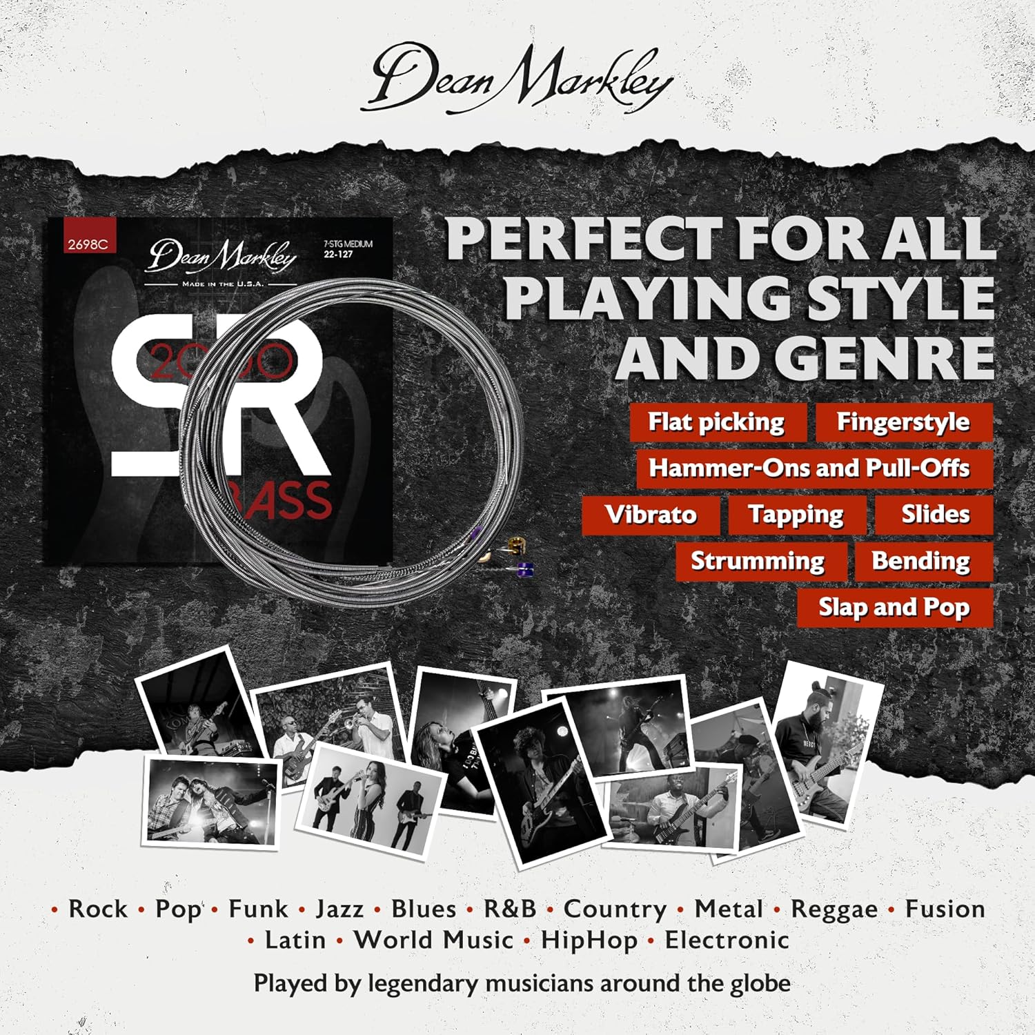 Dean Markley SR2000 Stainless Steel Bass Guitar Strings 7 String Set, 22-127 Medium Custom 7 String Bass Guitar, Silky Smooth Bass Strings with Long Lasting and Full Tone, Made in the USA