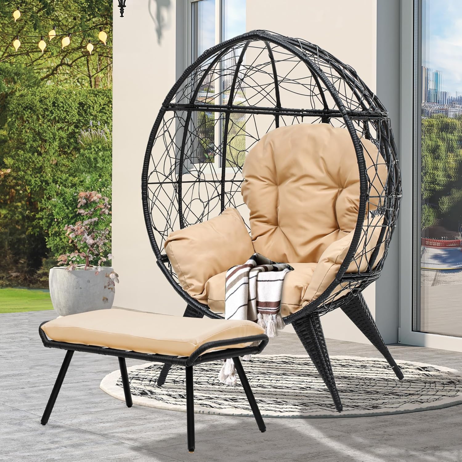 YITAHOME Egg Chair with Stand Outdoor Egg Lounge Chair with Cushion Wicker Chair PE Rattan Chair Footrest Included for Patio, Garden, Backyard, Porch, Beige
