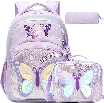 School Backpack for Girls,Kids Backpack with Lunch Box Set Cute Butterfly Kids Bookbag,Elementary Backpack for Girls,Lightweight Travel Daypack