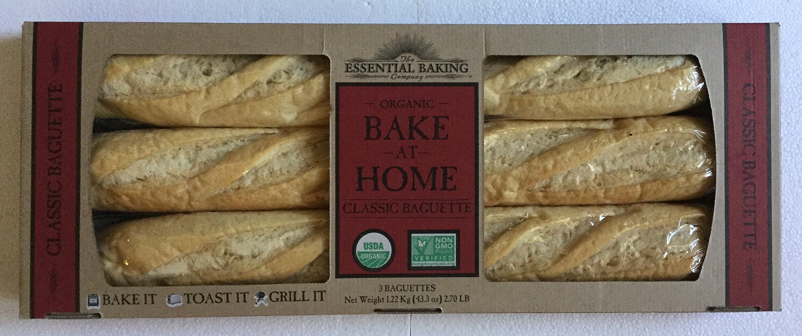 Organic Bake-At-Home Classic Baguette - 3 Individually Wrapped Baguette in Oxygen-Free Stay-Fresh Pack - 43.3 Ounces, 2.70lb