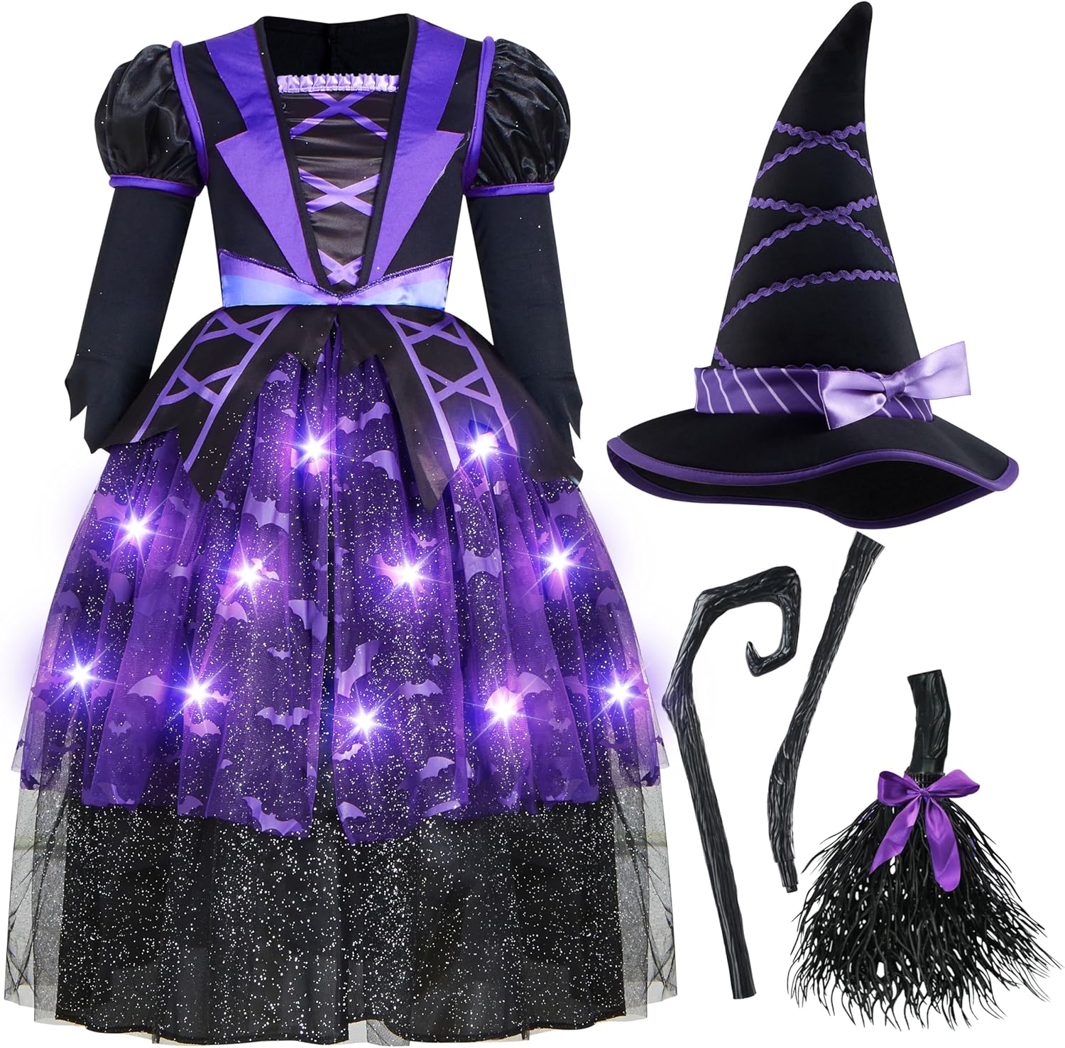 Spooktacular Creations Halloween Witch Costume Kids, Light Up Witch Dress with Hat and Broom for Girls, Toddlers Bat Outfit Set for Halloween Costumes Role Play Parties, Purple (3T(3-4 yrs)) - Image 4