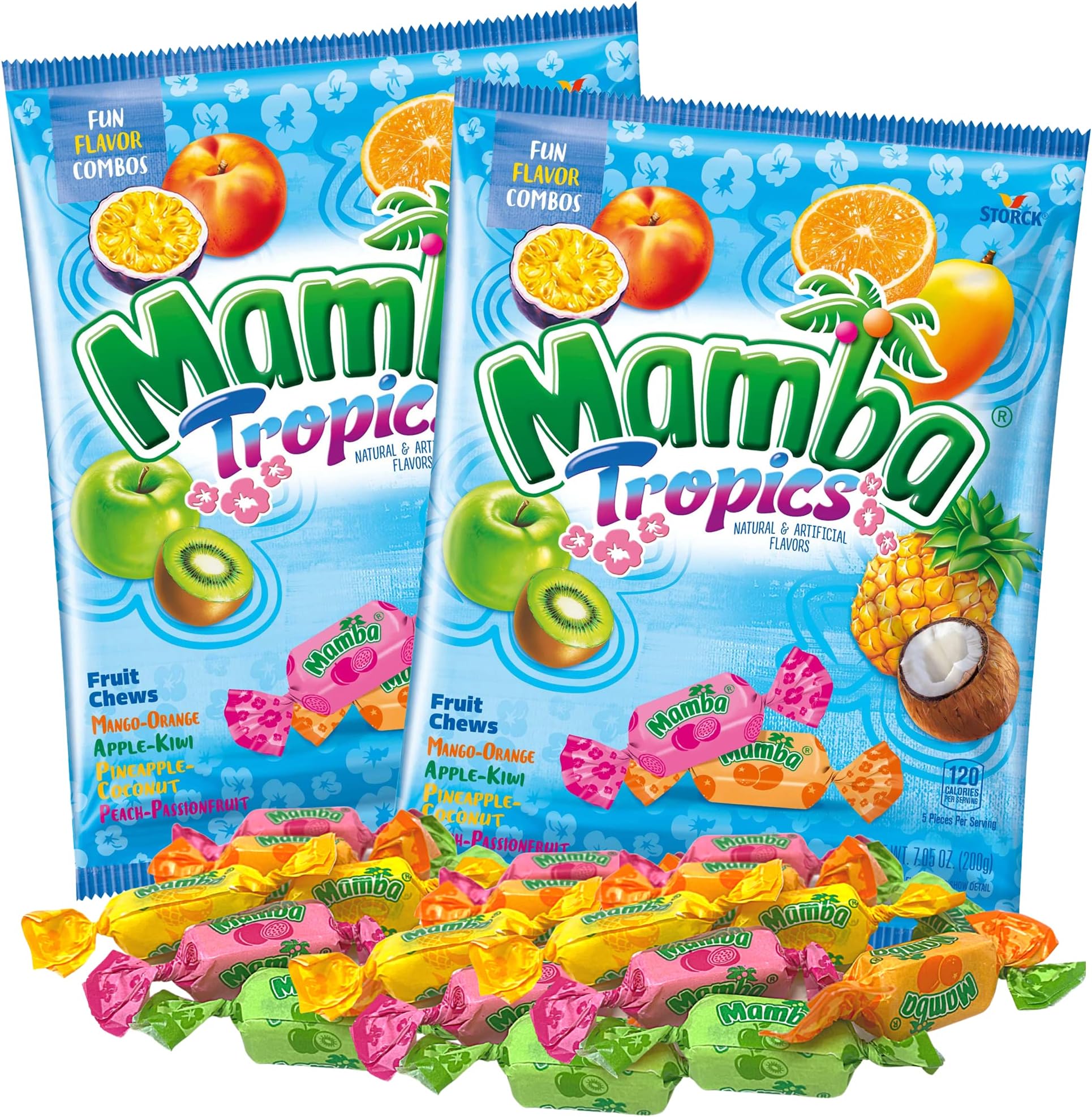 Mamba Candy Tropics Gift Set Assorted Flavored Fruit Chews, Individually Wrapped Chewy Candies Mixed Flavors Assortment Bags, Pack of 2