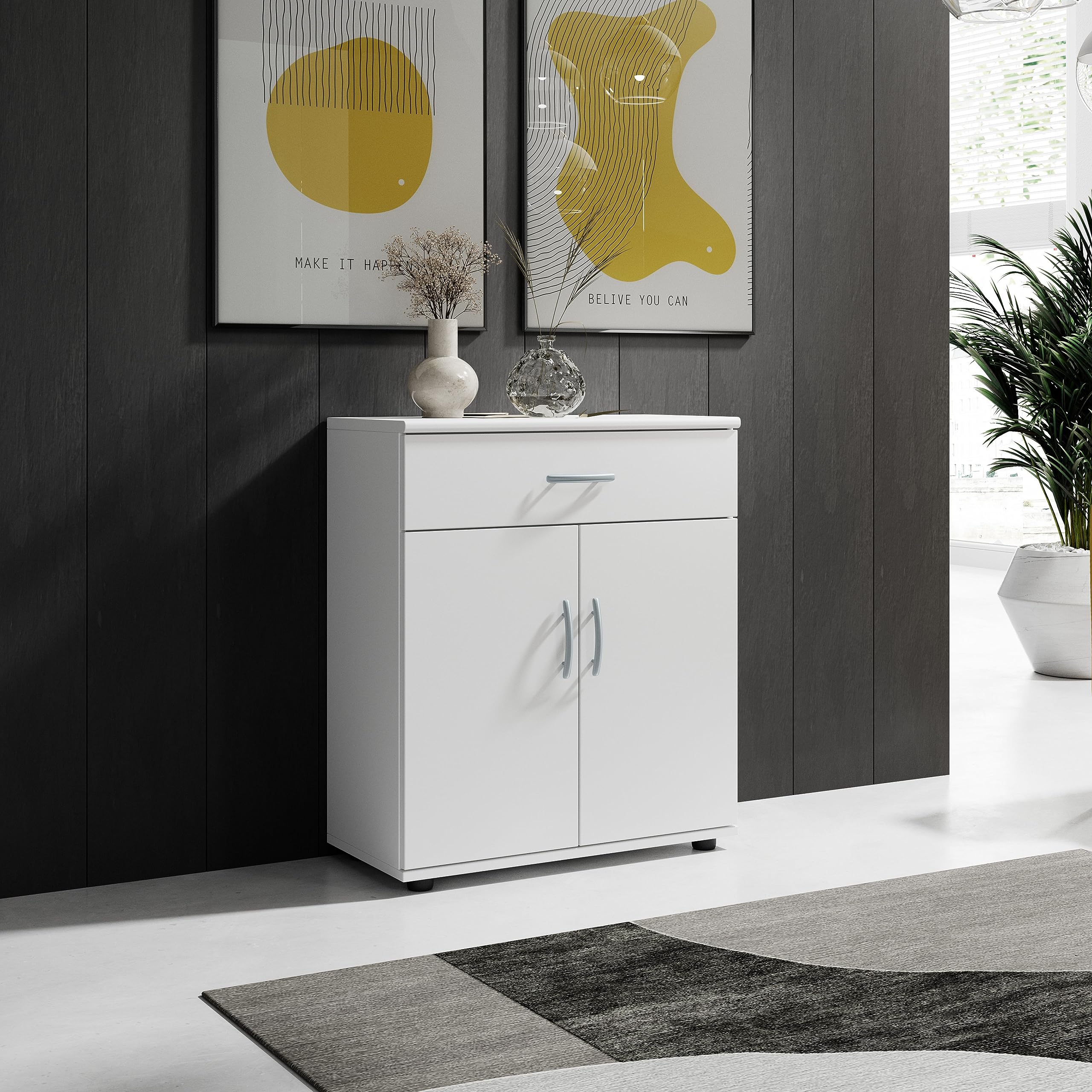 SUNXURY keukenkast Sideboard wit hoogglans, 2 deuren greeploos design commode met LED voor gang slaapkamer keuken 108x92x40cm (b/h/d SUNXURY keukenkast Sideboard wit hoogglans, 2 deuren greeploos design commode met LED voor gang slaapkamer keuken 108x92x40cm (b/h/d