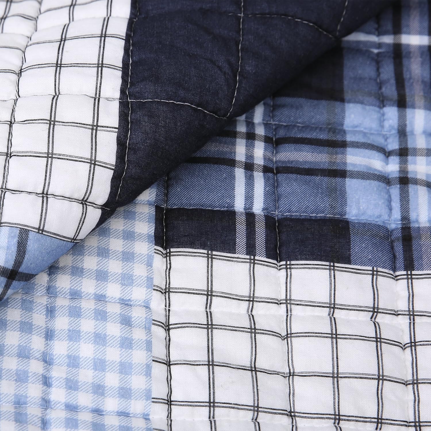 Lush Decor Greenville Reversible Cotton Quilt Queen Size 3 Piece Set Full/Queen Navy - Cozy Cotton Bedding Set Queen Quilt - Patchwork Quilts Farmhouse