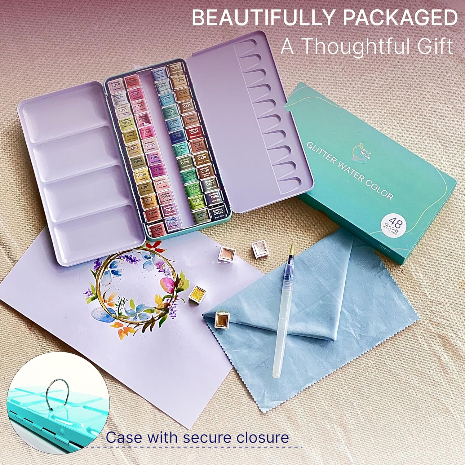 Metallic Watercolor 48 Colors|Tin Box & Waterbrush |Intense Pigments, Smooth Blend
