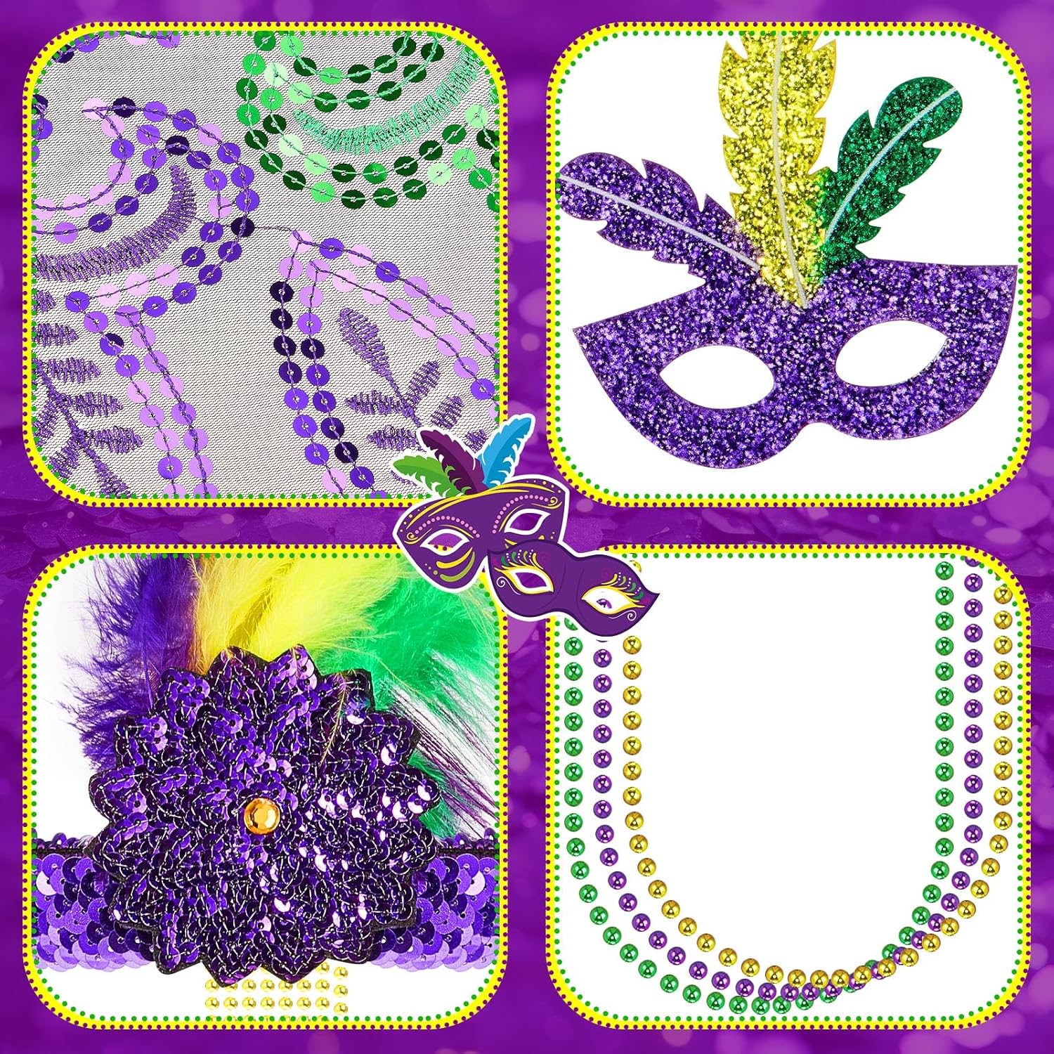 Geyoga Mardi Gras Costume Accessories Set Including Tassel Shawl Scarf Masquerade Mask Headband Glitter Earrings Bead Chain - Image 2