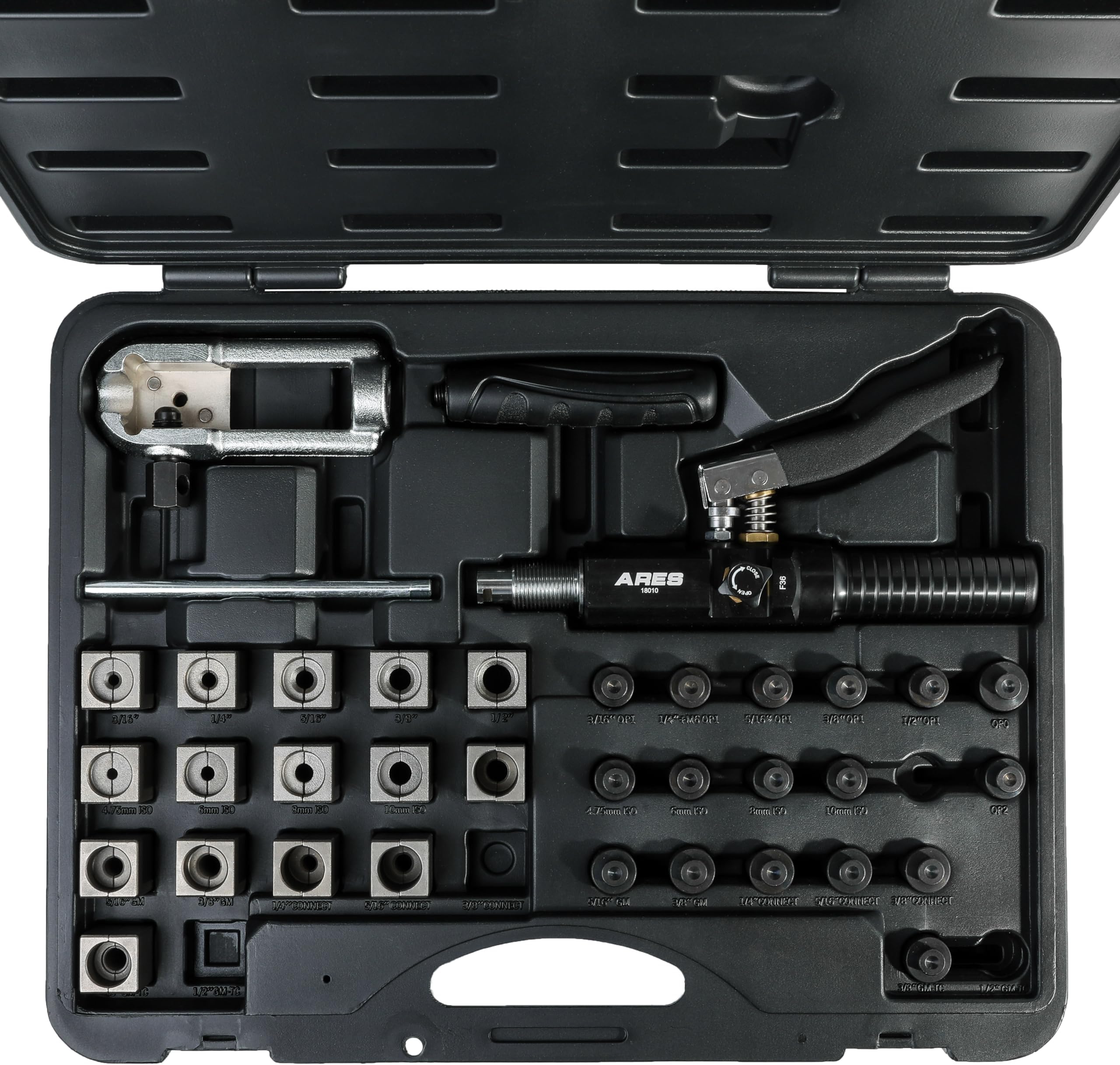 ARES 18010 - Universal Hydraulic Flaring Tool Set - Create 45 Degree Single or Double Flares, ISO and DIN Bubble Flares, Push Connect Flares and GM Fuel Line Flares
