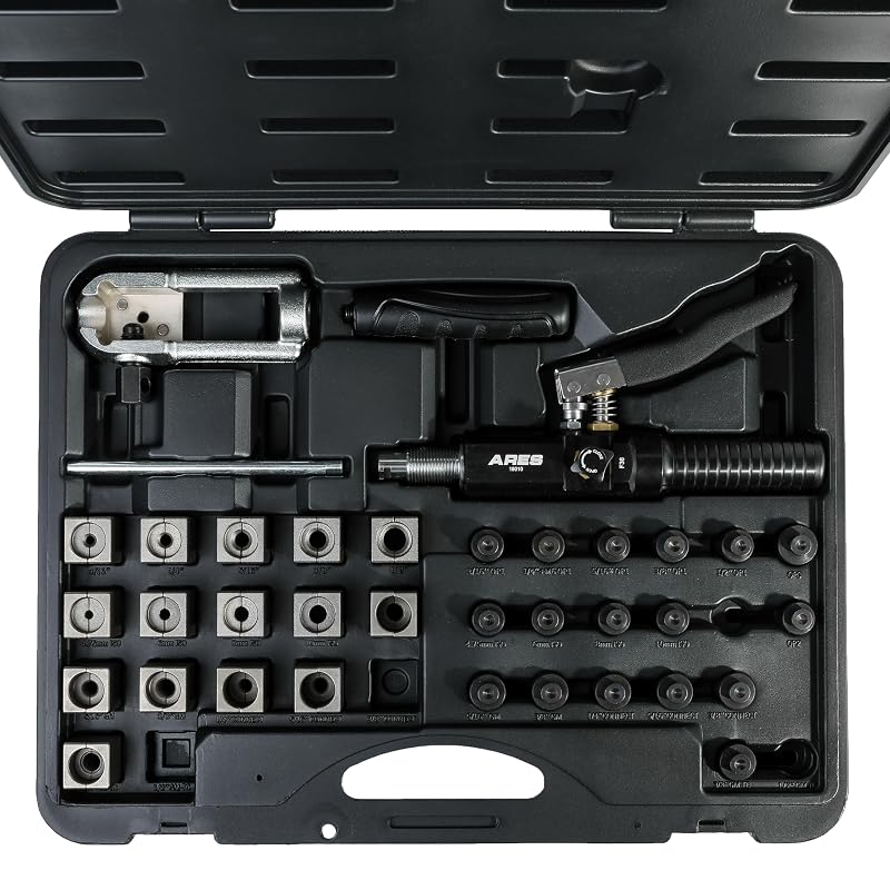 Kit de ferramenta hidráulica para flangeamento de freios ARES 18010, flanges simples, duplas e Bubble ISO/DIN, 37 peças