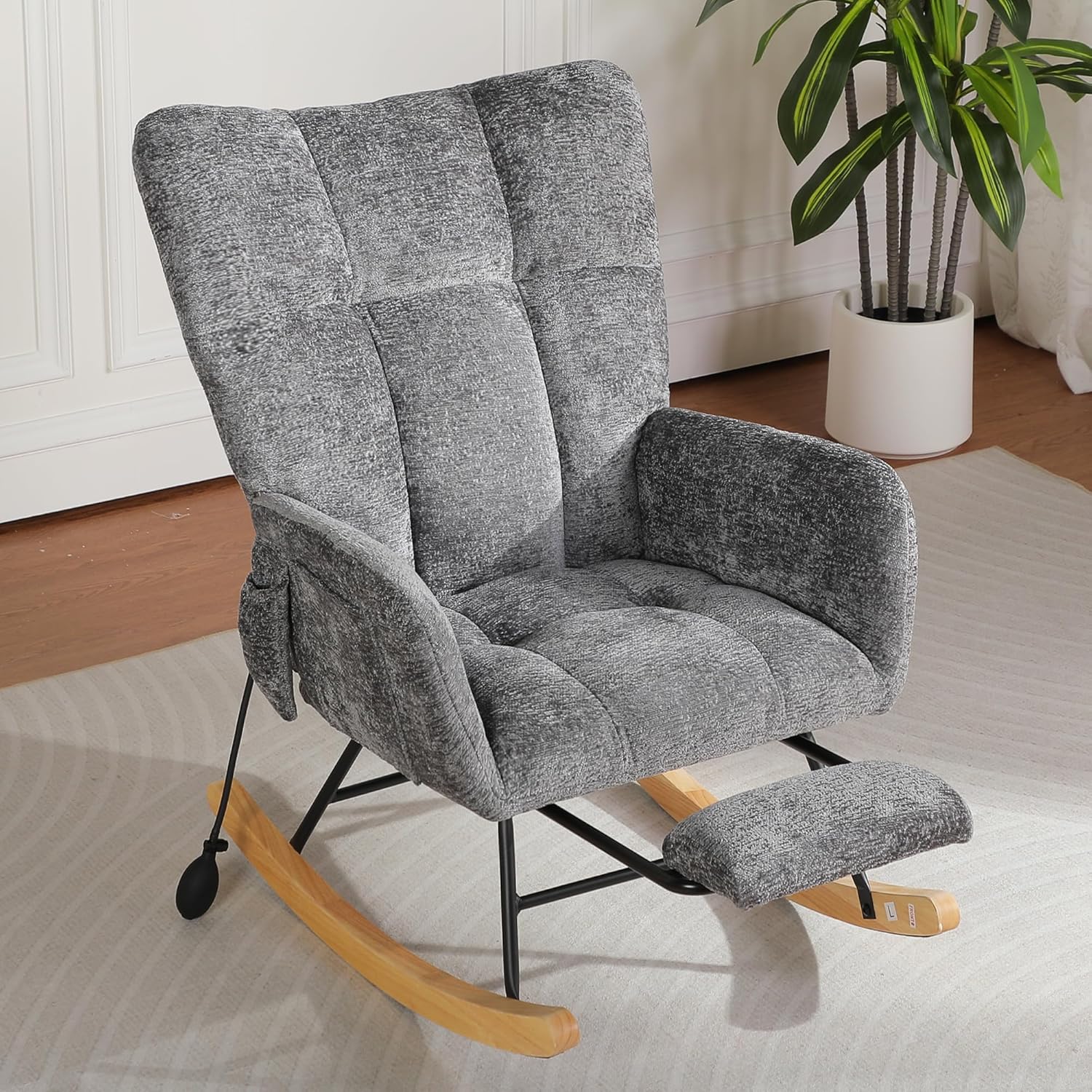 Rocking Chair Nursery with Airbag, Comfy Modern Nursery Rocking Reading Chair indoor with Footrest, Cozy Upholstered Glider Rocker Chairs for Living Room Bedroom Offices, (Chenille, Dark Grey)