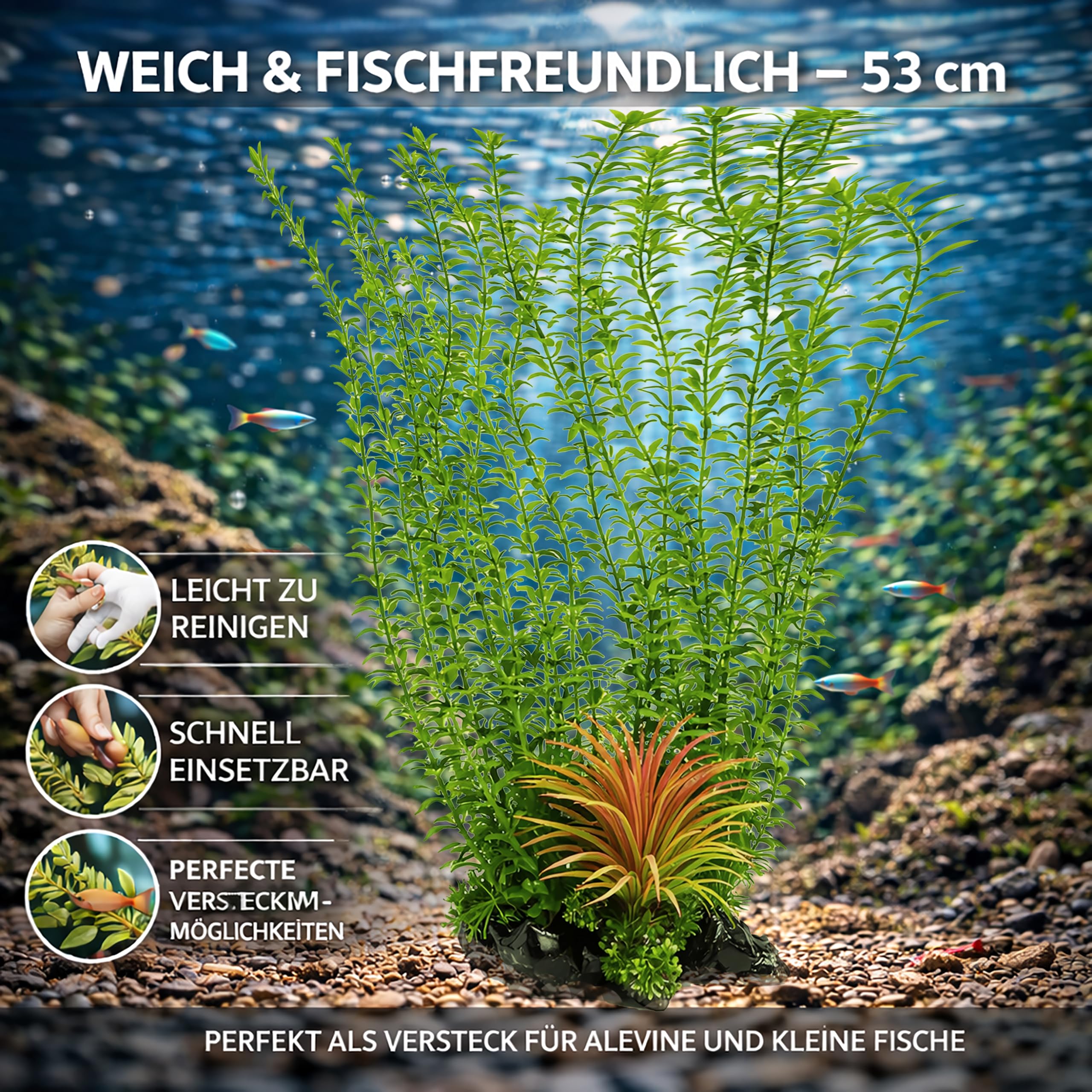 Aquarium Pflanzen künstlich 53 cm – Große Künstliche Aquariumpflanze, realistische Wasserpflanze für Aquarium Dekoration & Aquascaping, mit Tonbasis, pflegeleicht, naturgetreu, Süß- & Meerwasser