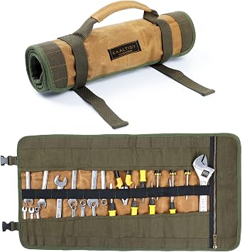 Tool Roll, 16OZ Waxed Canvas Roll Up Tool Pouch with Handle & 23 Pockets & 2 Adjustable Buckles - Khaki - Multi Purpose Rolled Tool Bag for Wrench Chisel Hammer
