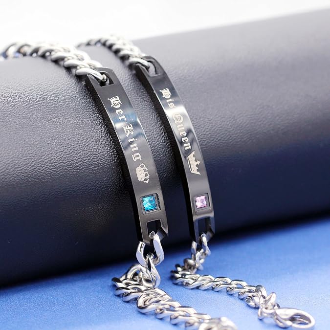 Uloveido His Queen and Her King Black Titanium Necklaces & Bracelet Matching Couple Jewelry Sets for Men and Women with Cubic Zirconia ST118