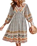 BTFBM Femmes Casual Printemps Robes d'été V Cou 3/4 manches longues Ruffle Floral Flowy Boho Babydoll Mini Robe courte de plage